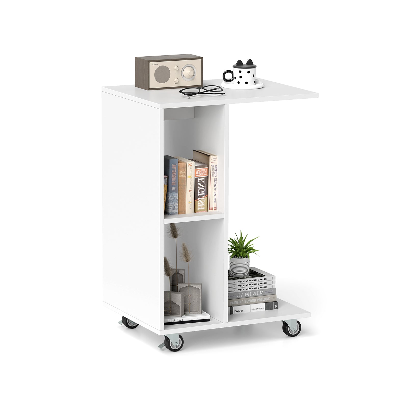C-Shaped End Table Narrow Side Table with Storage Shelves-White