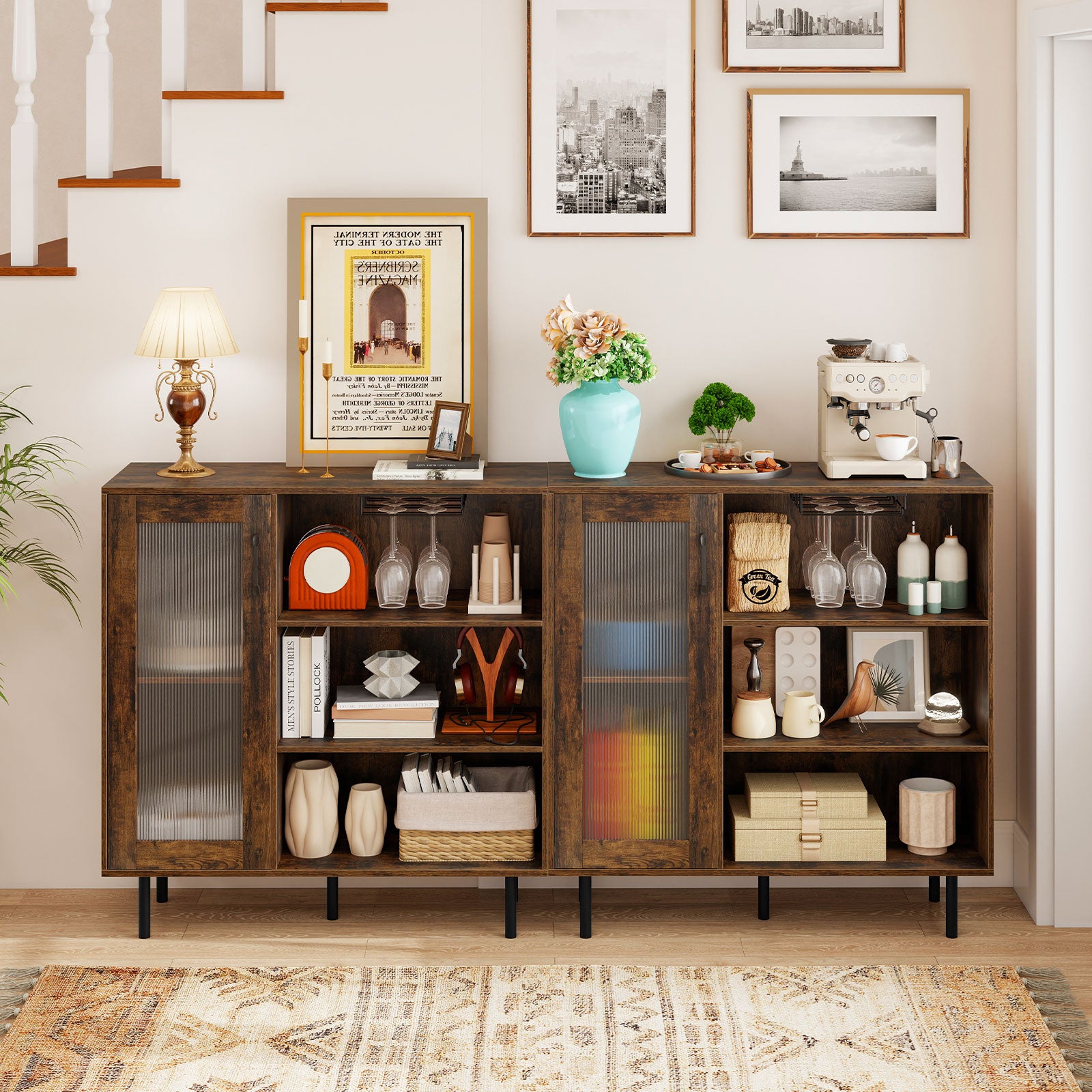 Cabinet Sideboard with Door Adjustable Shelf and Wine Holders-Rustic Brown