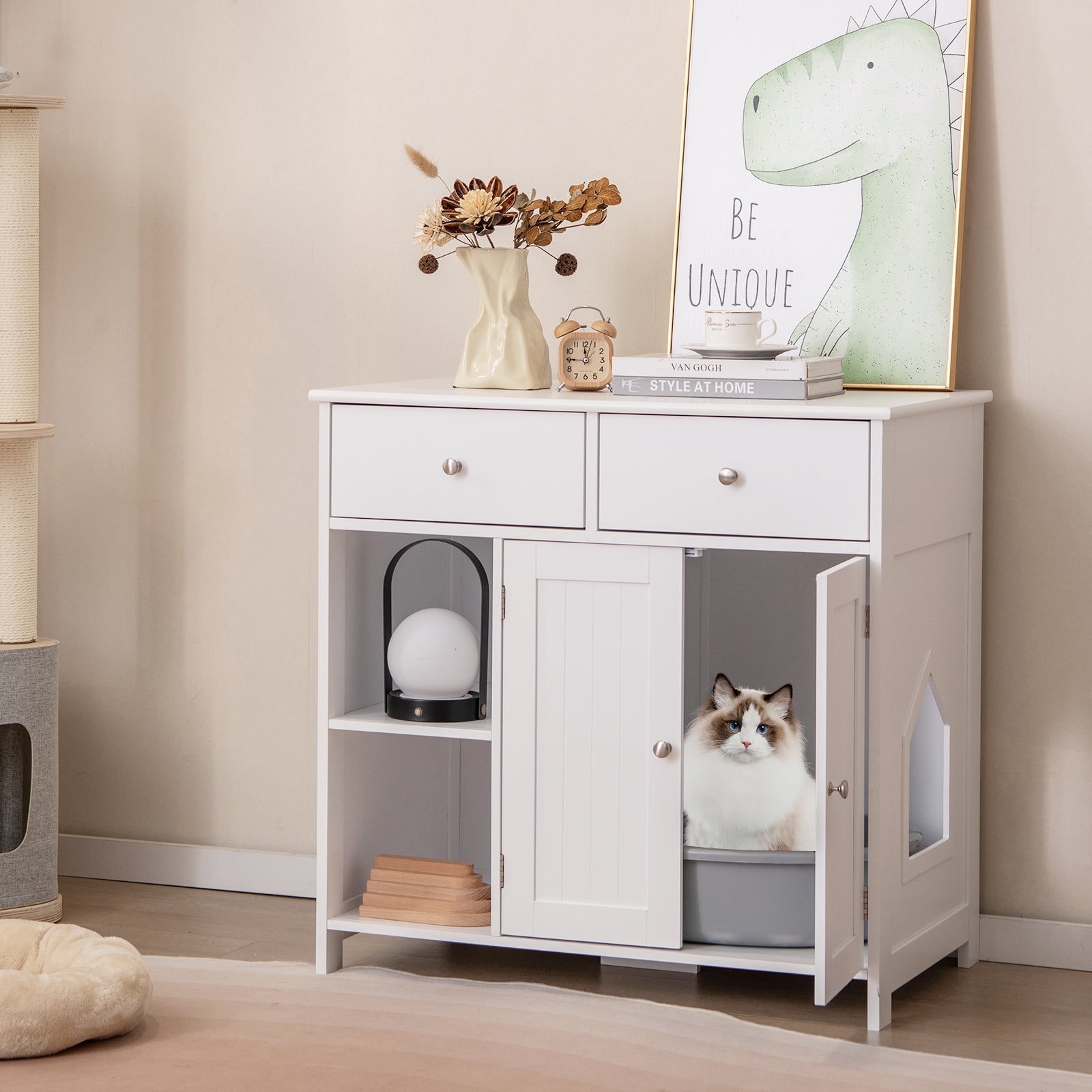 Litter Box Hidden Cat Washroom Side Cabinet Wooden Pet House-White