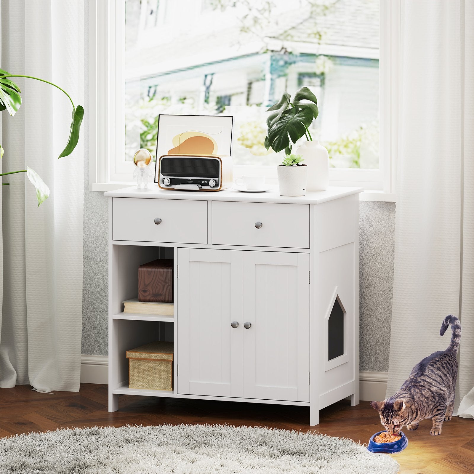 Litter Box Hidden Cat Washroom Side Cabinet Wooden Pet House-White