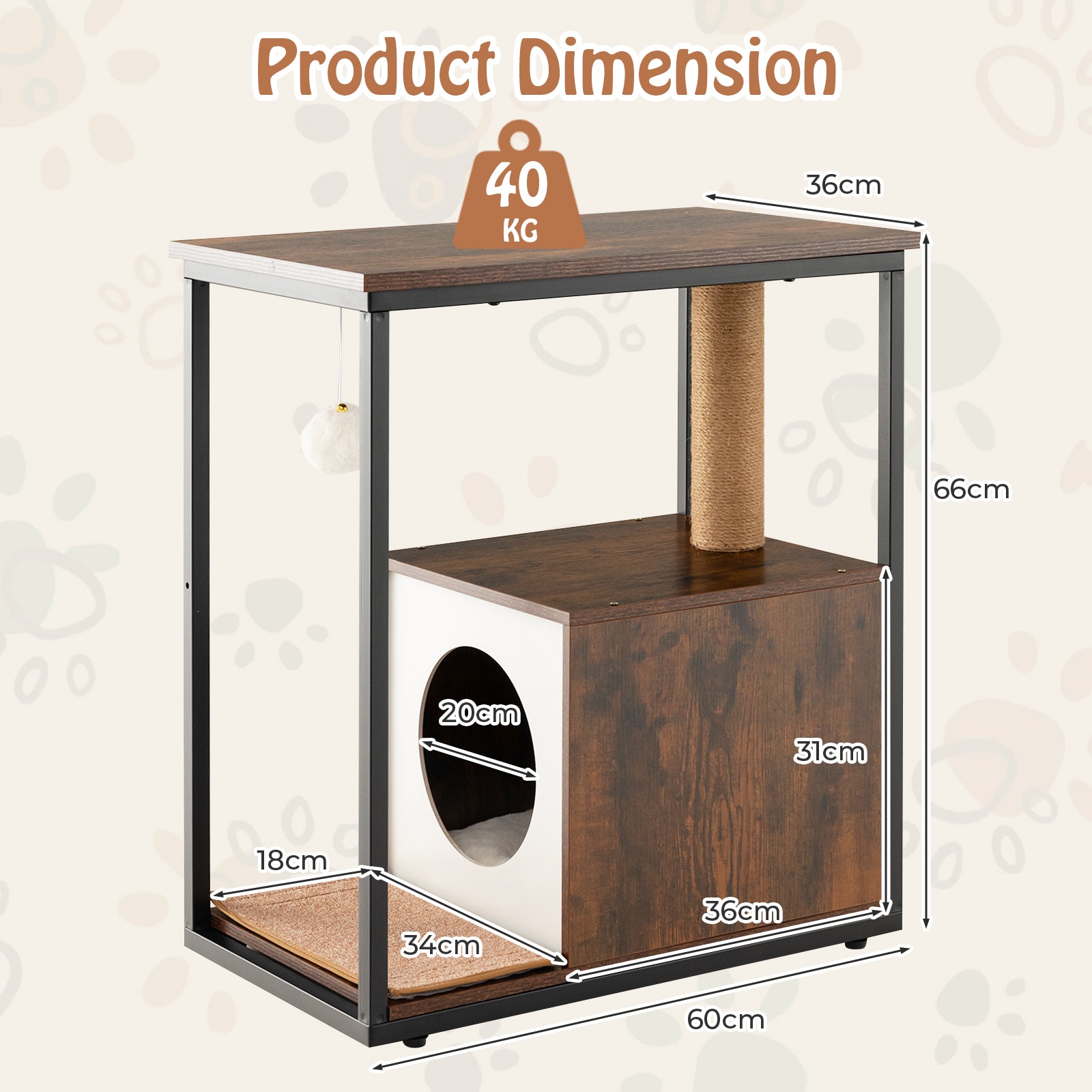 Cat Furniture End Table Cat House with Scratching Post-Rustic Brown