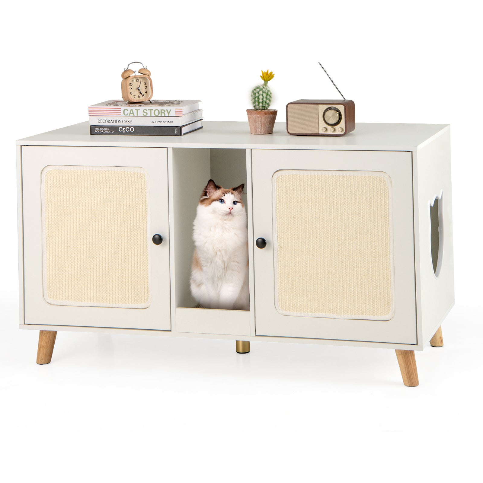 Cat Litter Box Enclosure for 2 Cats Hidden Cat Washroom Furniture-White