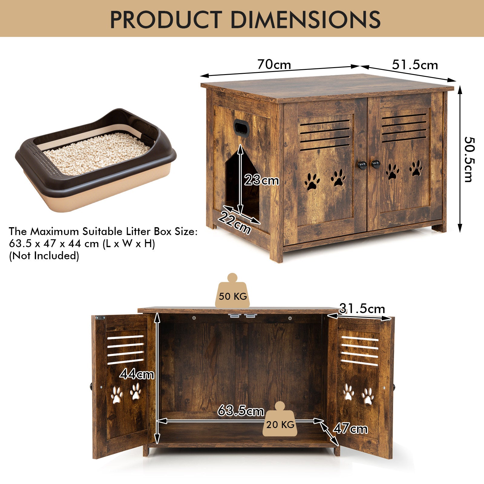 Cat Litter Box Enclosure with Double Louvered Doors, Side Entrance-Rustic Brown