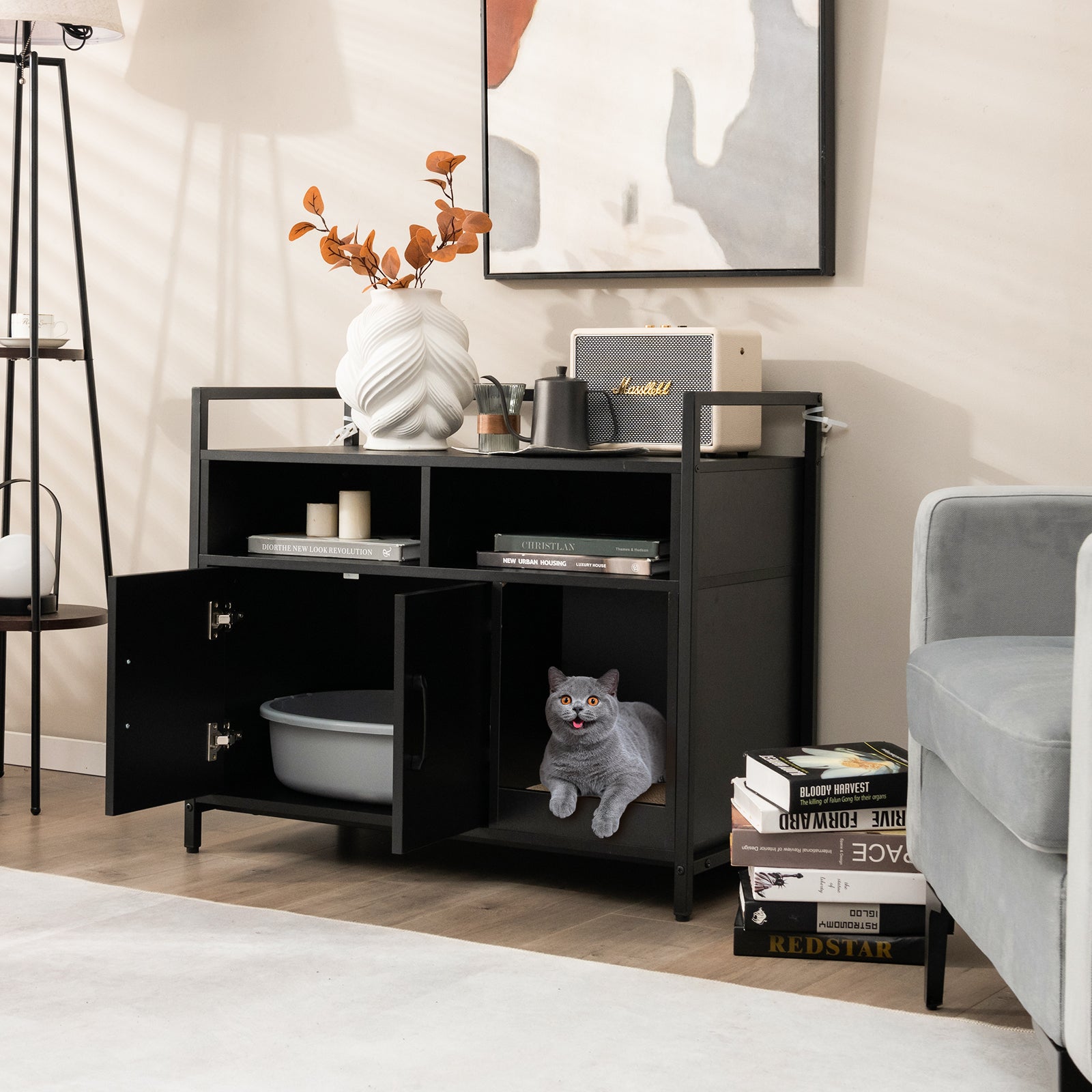 Wooden Cat Litter Box Enclosure with Compartment and Scratching Board-Black