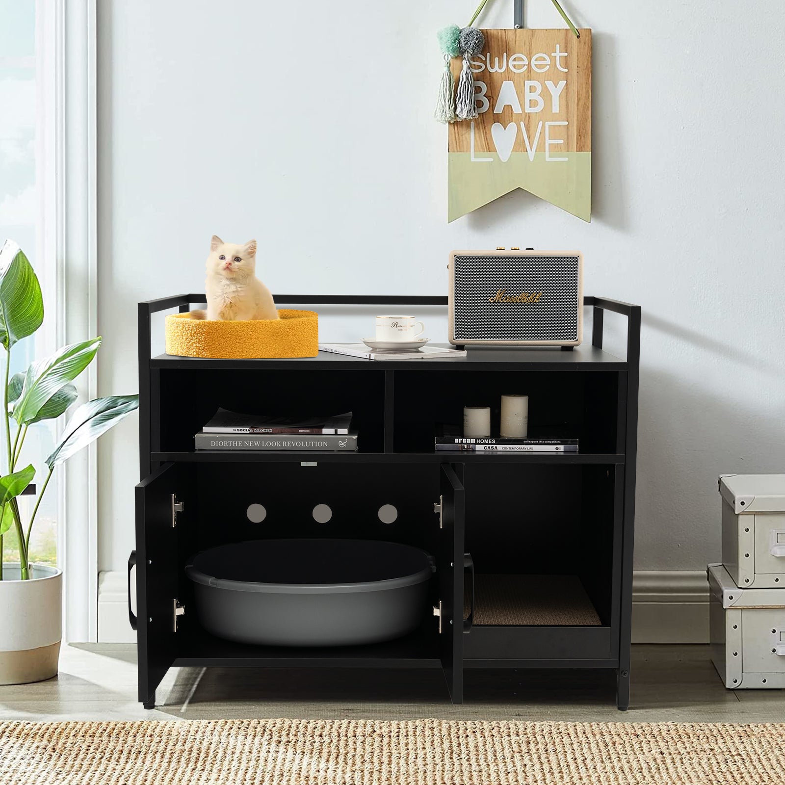 Wooden Cat Litter Box Enclosure with Compartment and Scratching Board-Black