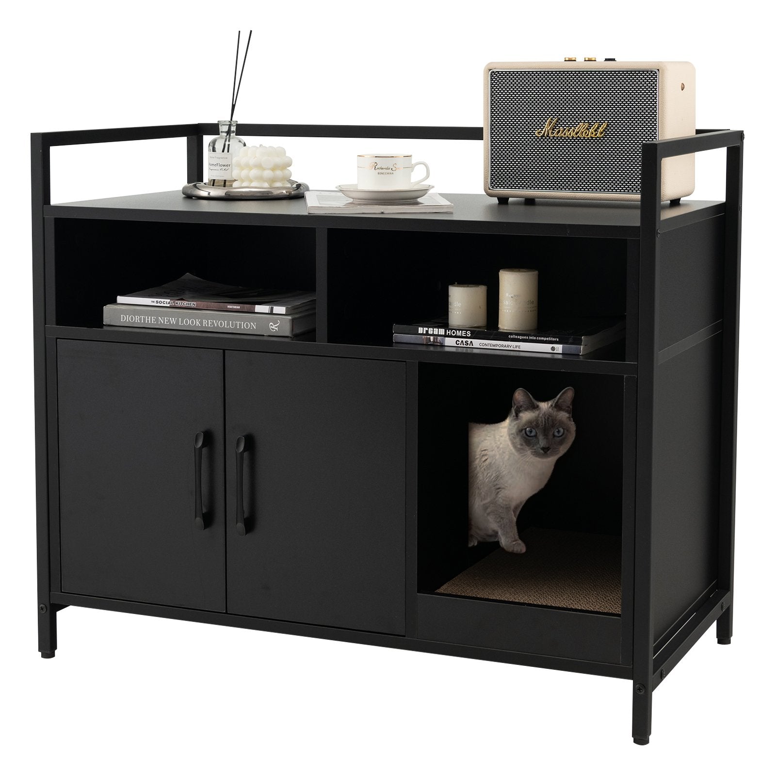 Wooden Cat Litter Box Enclosure with Compartment and Scratching Board-Black