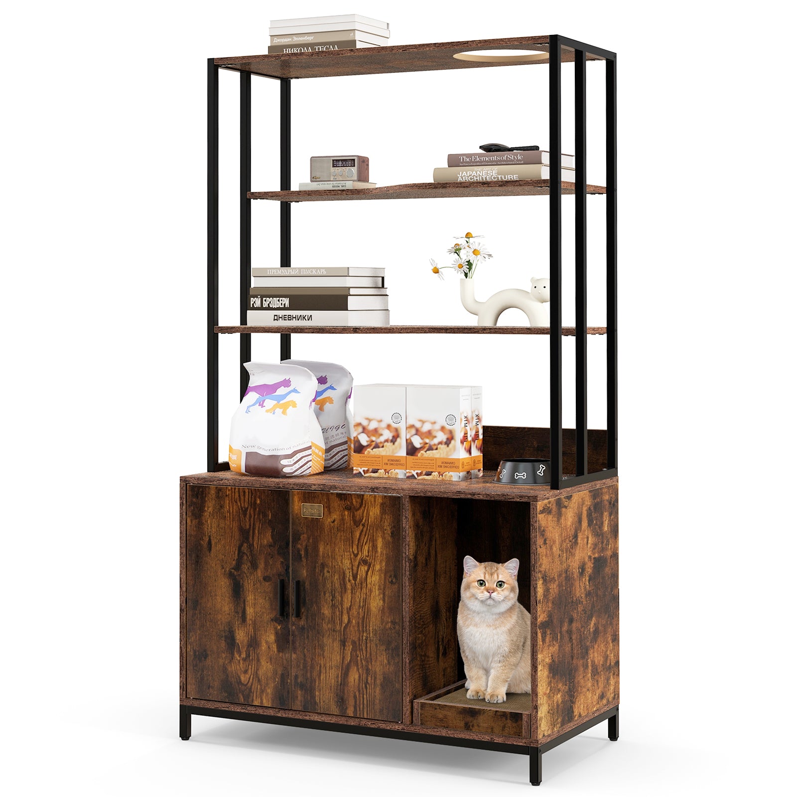 Cat Litter Box Enclosure with Storage and Shelves-Coffee