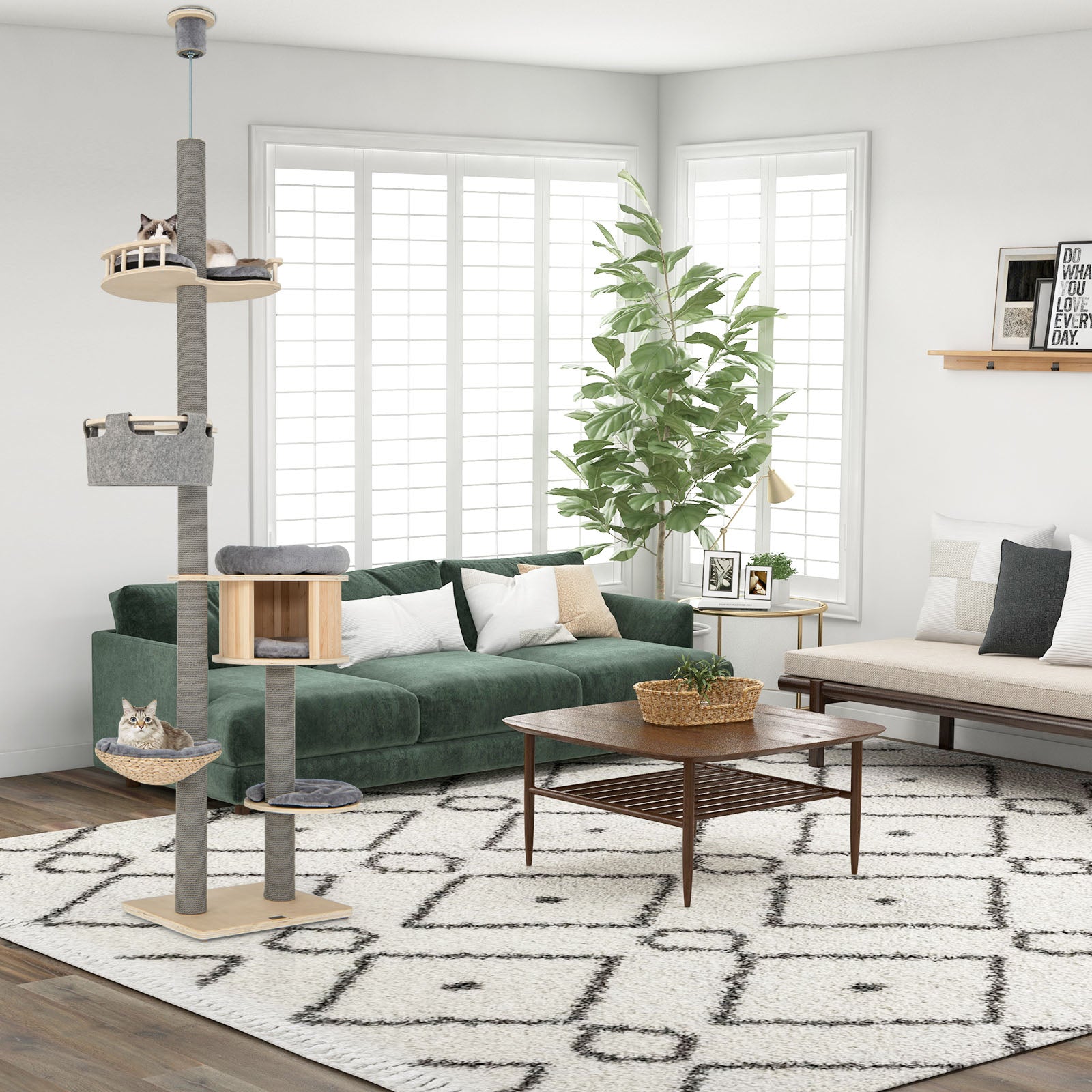 Floor to Ceiling Cat Tree with Adjustable Height for Indoor Cats-Natural