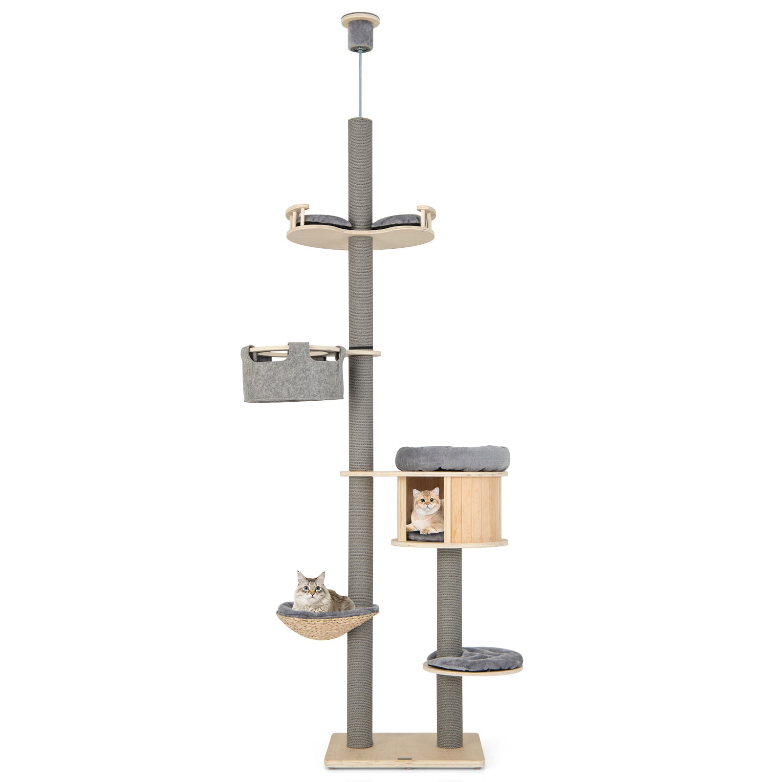 Floor to Ceiling Cat Tree with Adjustable Height for Indoor Cats-Natural