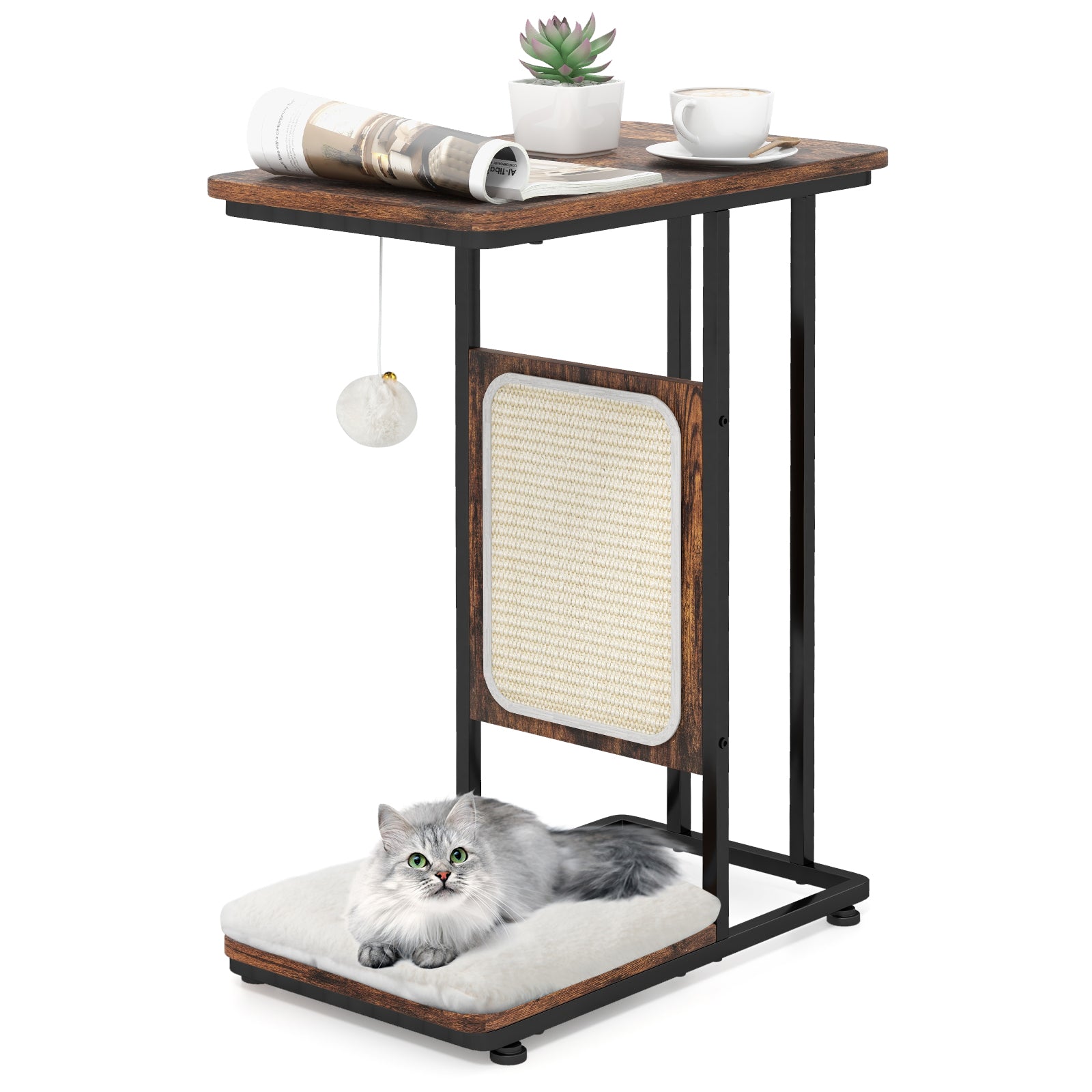 Cat Tree and End Table with Scratching Board and Cushion-Rustic Brown