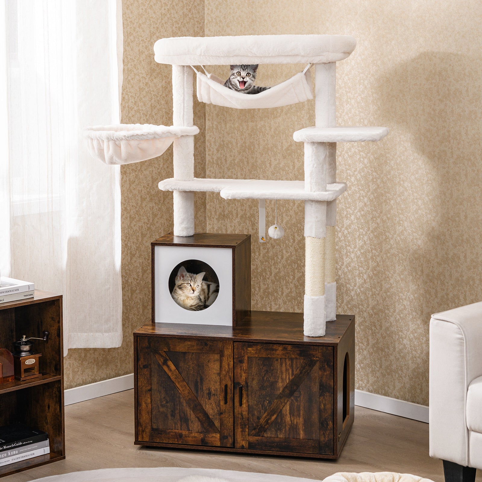 153cm Tall Cat Tree with Litter Box Enclosur Scratching Posts and Hammock-Rustic Brown