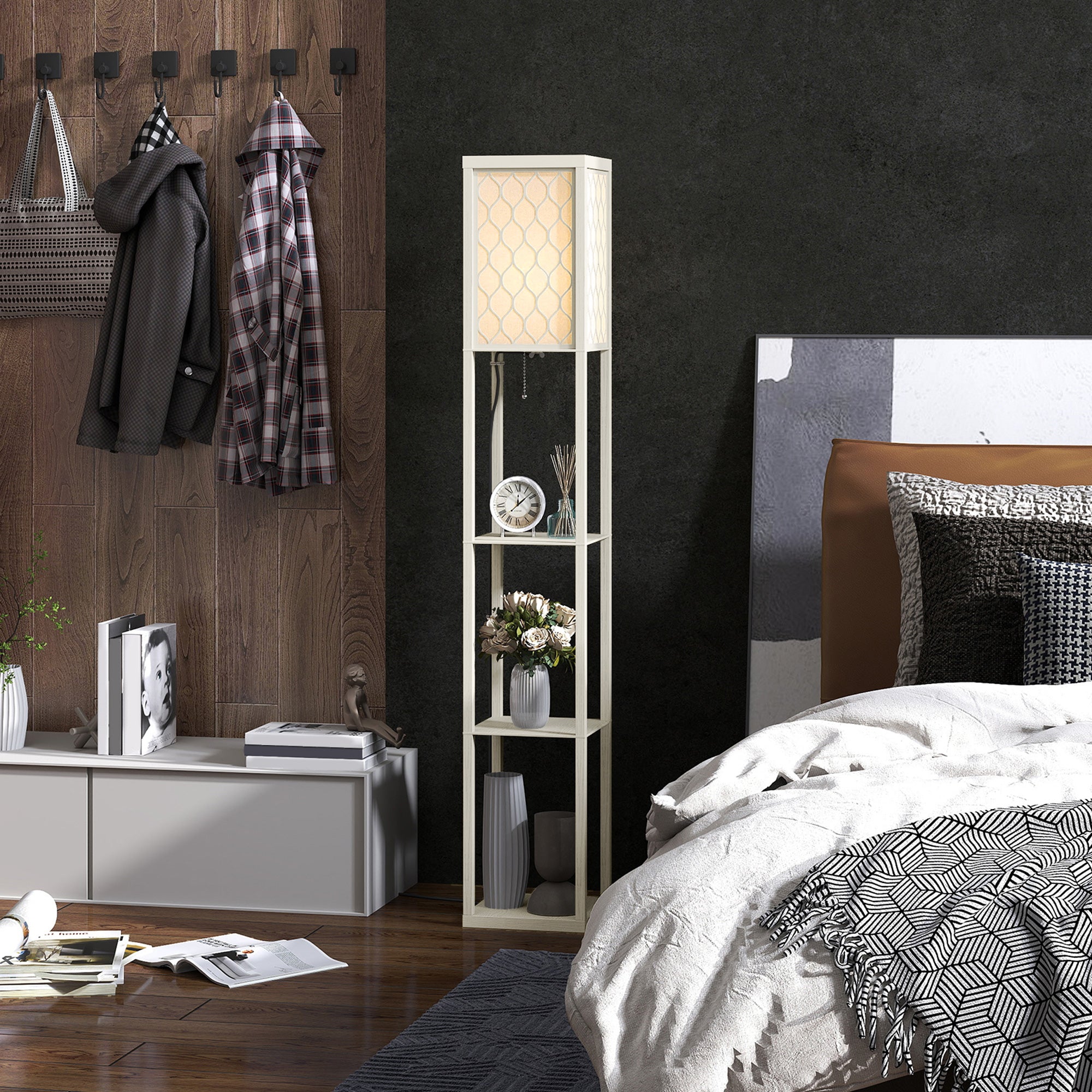 HOMCOM Three-Shelf Standing Lamp - Oak/White