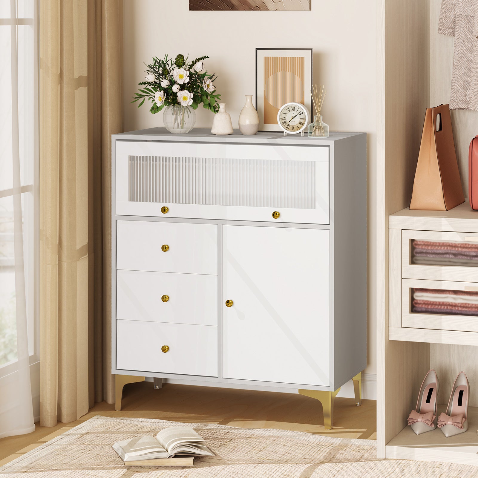 Chest of Drawers with Flip Up Fluted Glass Door and Pull-out Drawers-Grey