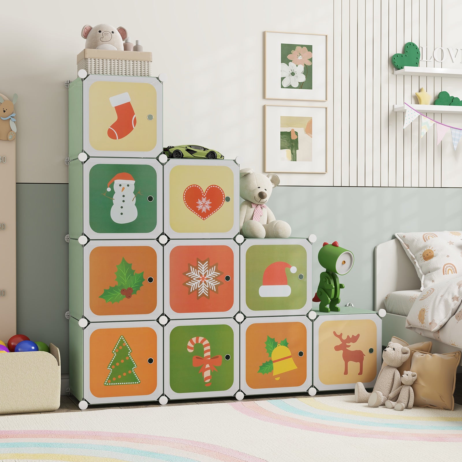 Children 12-Cube Wardrobe Baby Dresser Kids Bedroom Armoire-Green
