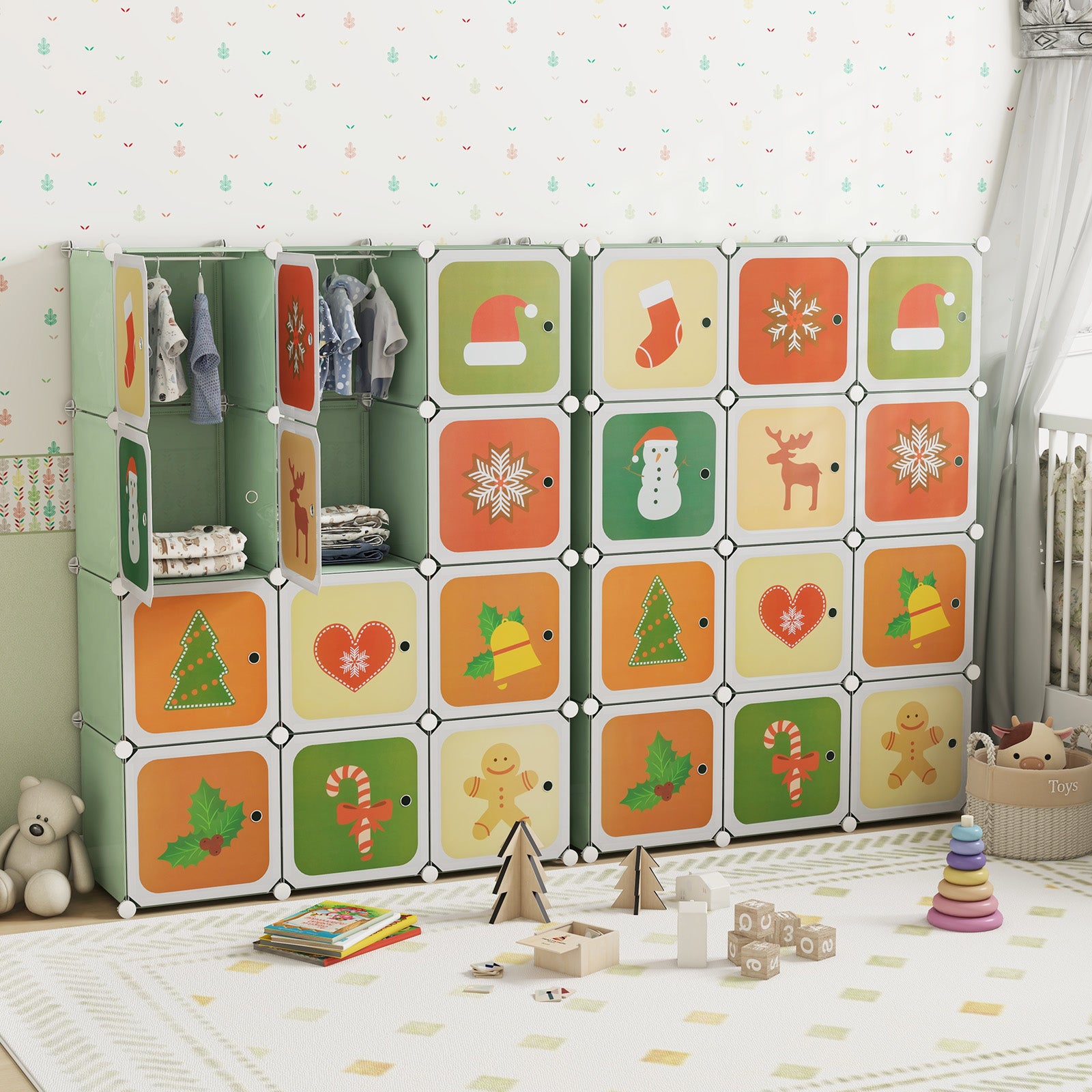 Children 12-Cube Wardrobe Baby Dresser Kids Bedroom Armoire-Green