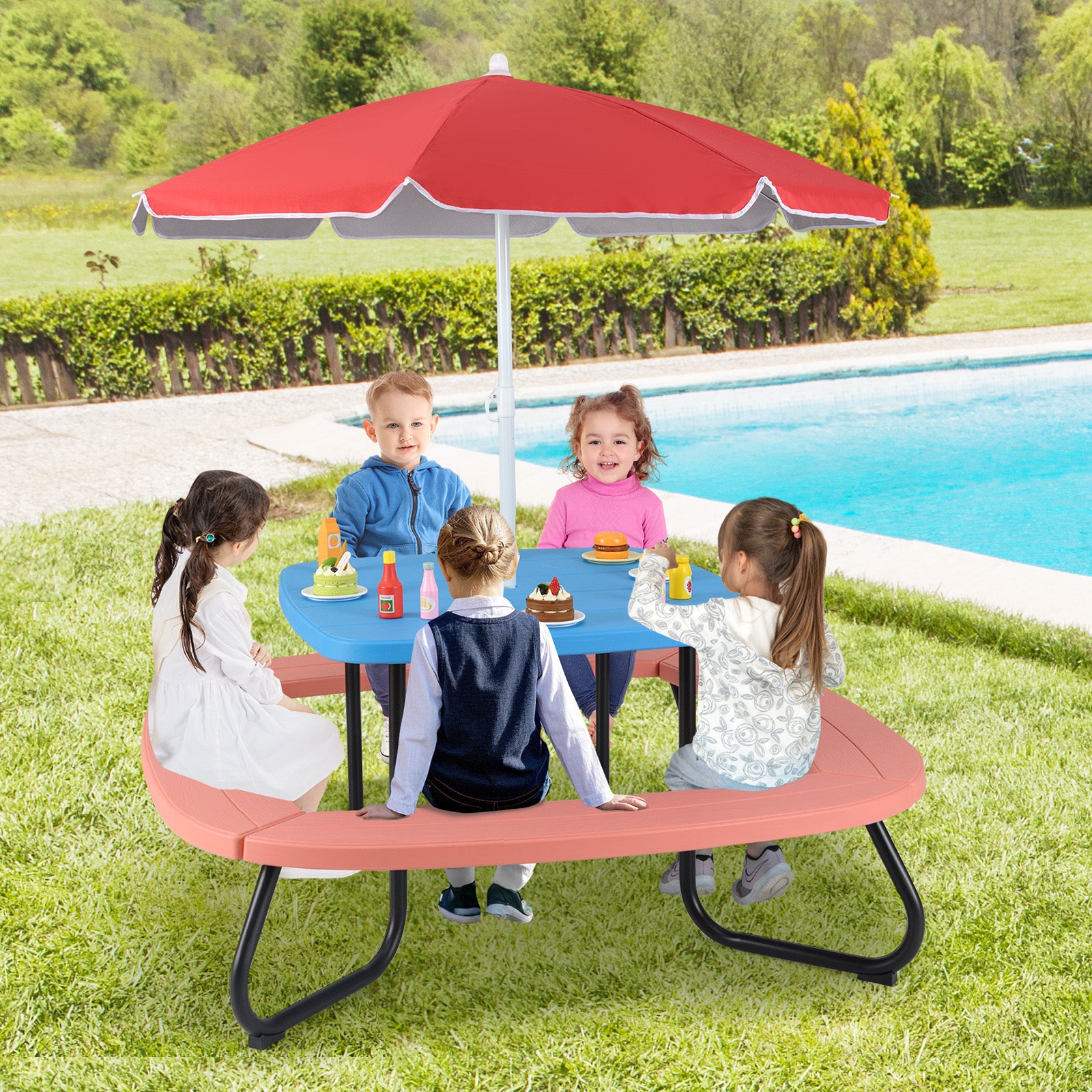 Children HDPE Kids Picnic Table with Height Adjustable Umbrella-Blue
