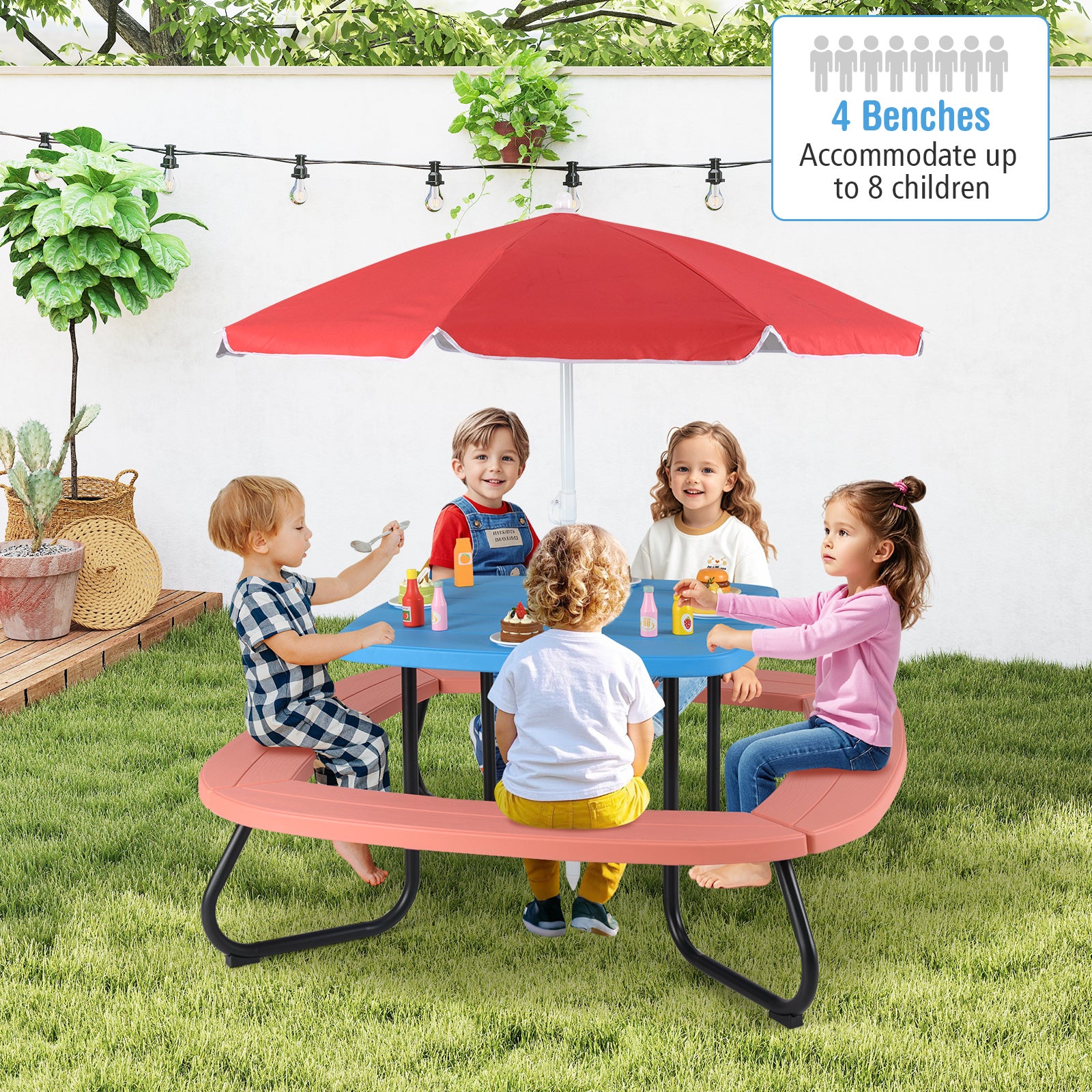 Children HDPE Kids Picnic Table with Height Adjustable Umbrella-Blue