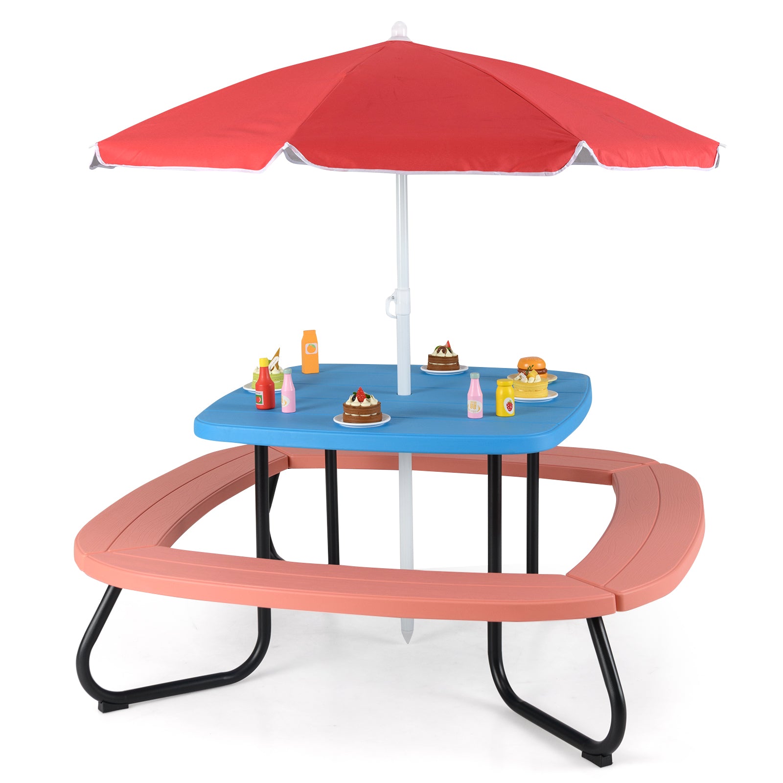 Children HDPE Kids Picnic Table with Height Adjustable Umbrella-Blue