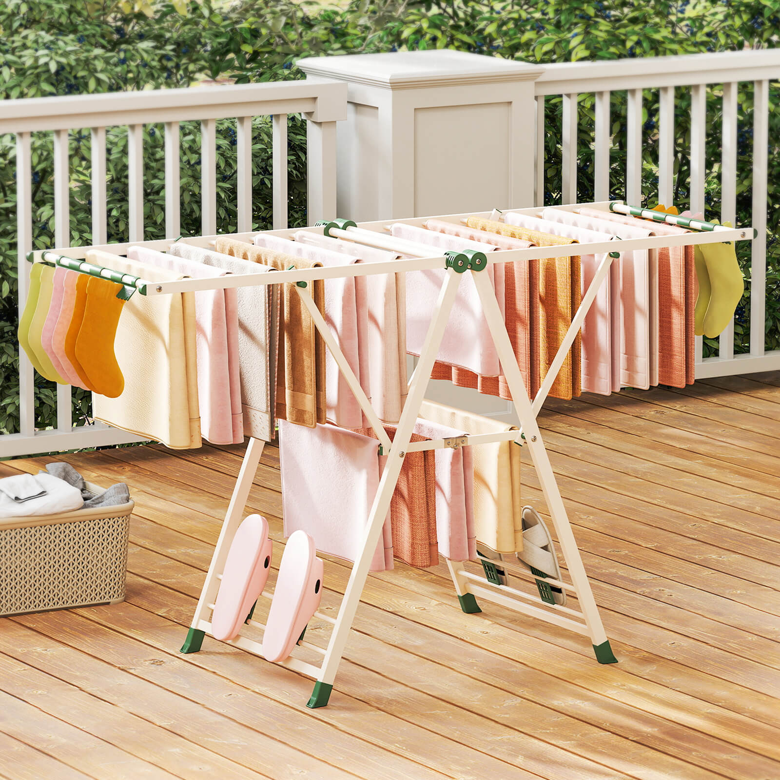 Clothes Drying Rack Foldable Laundry Drying Rack with 18 Drying Rails-Beige