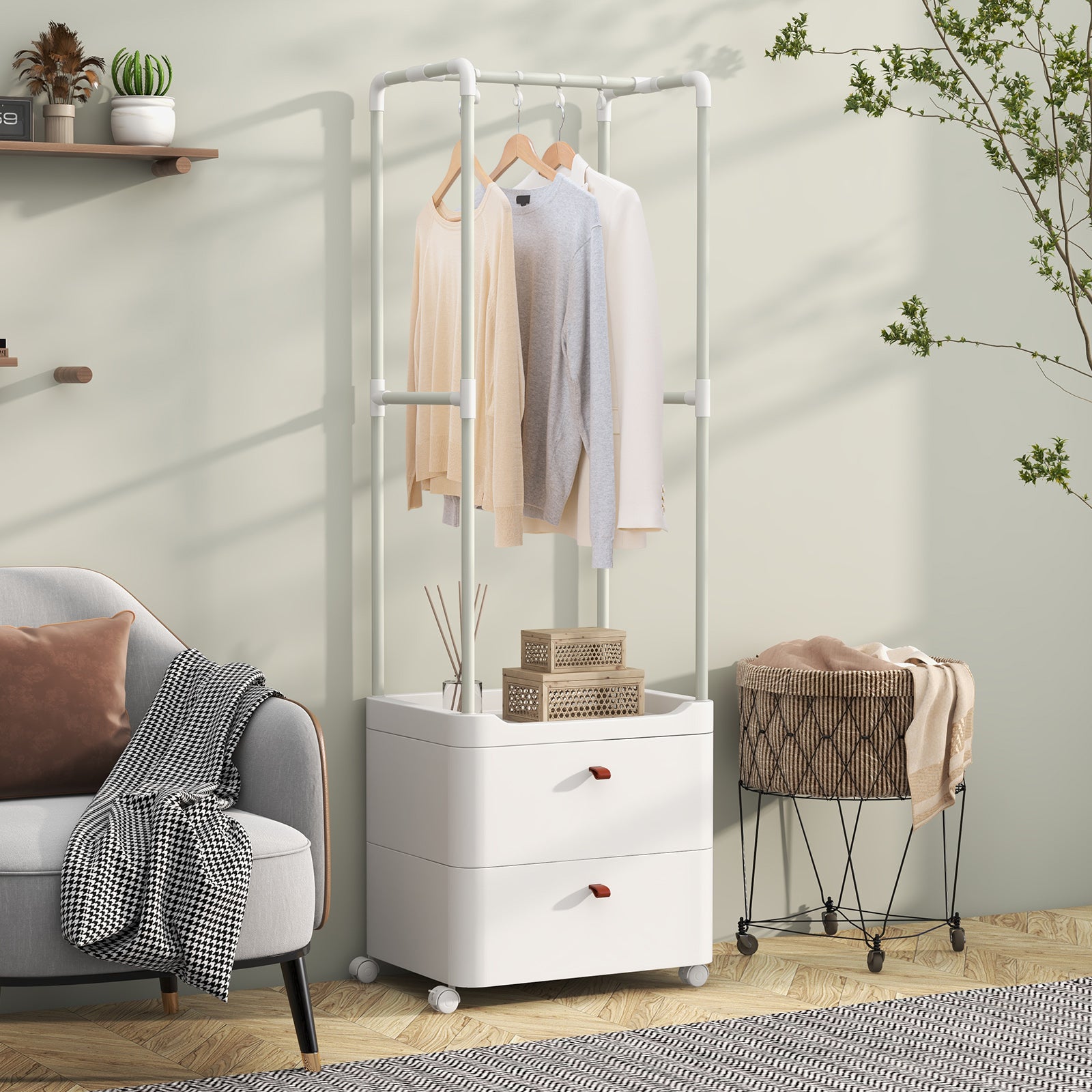 Freestanding Heavy-duty Clothing Stand Dresser with Hanging Rod and Storage Shelves-White