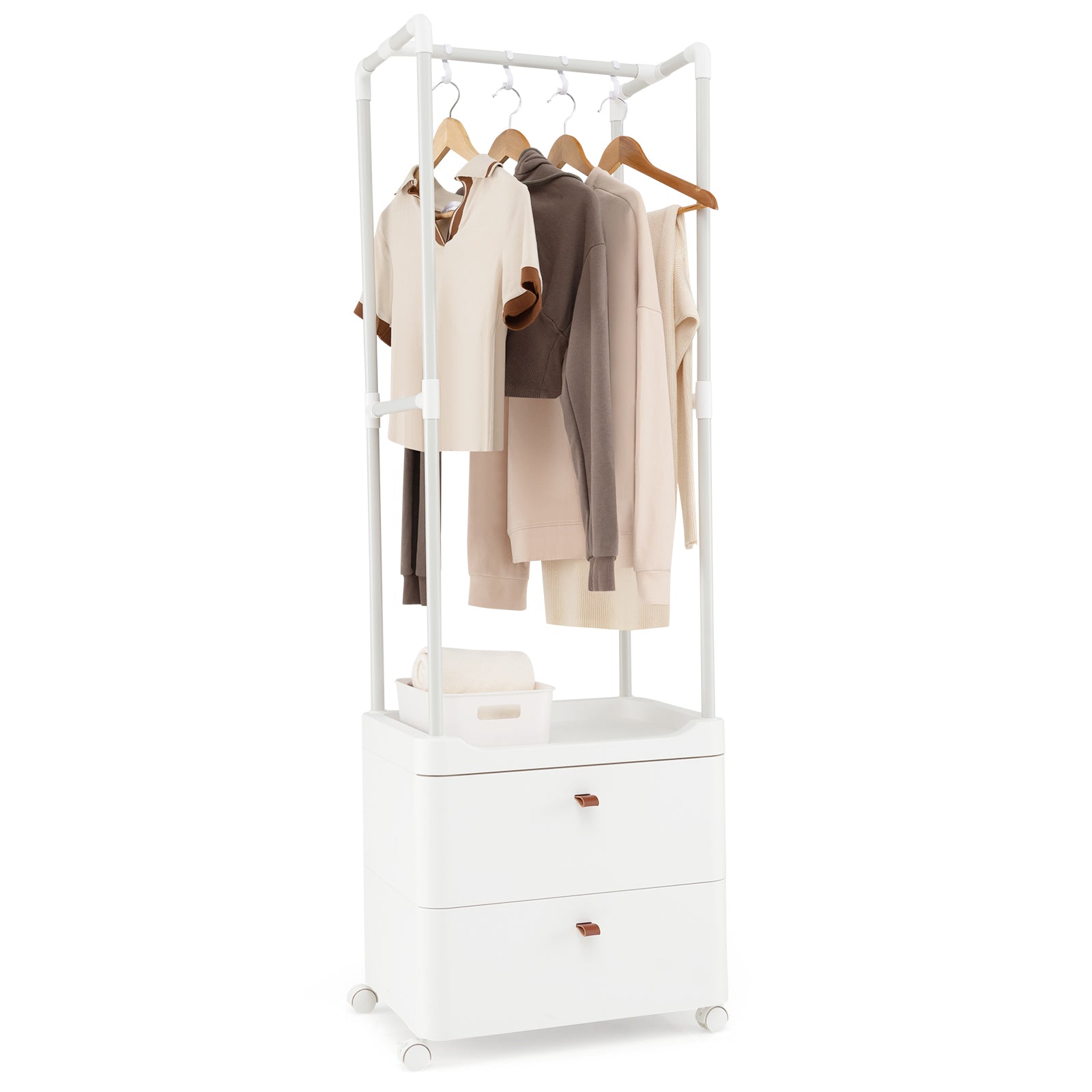 Freestanding Heavy-duty Clothing Stand Dresser with Hanging Rod and Storage Shelves-White