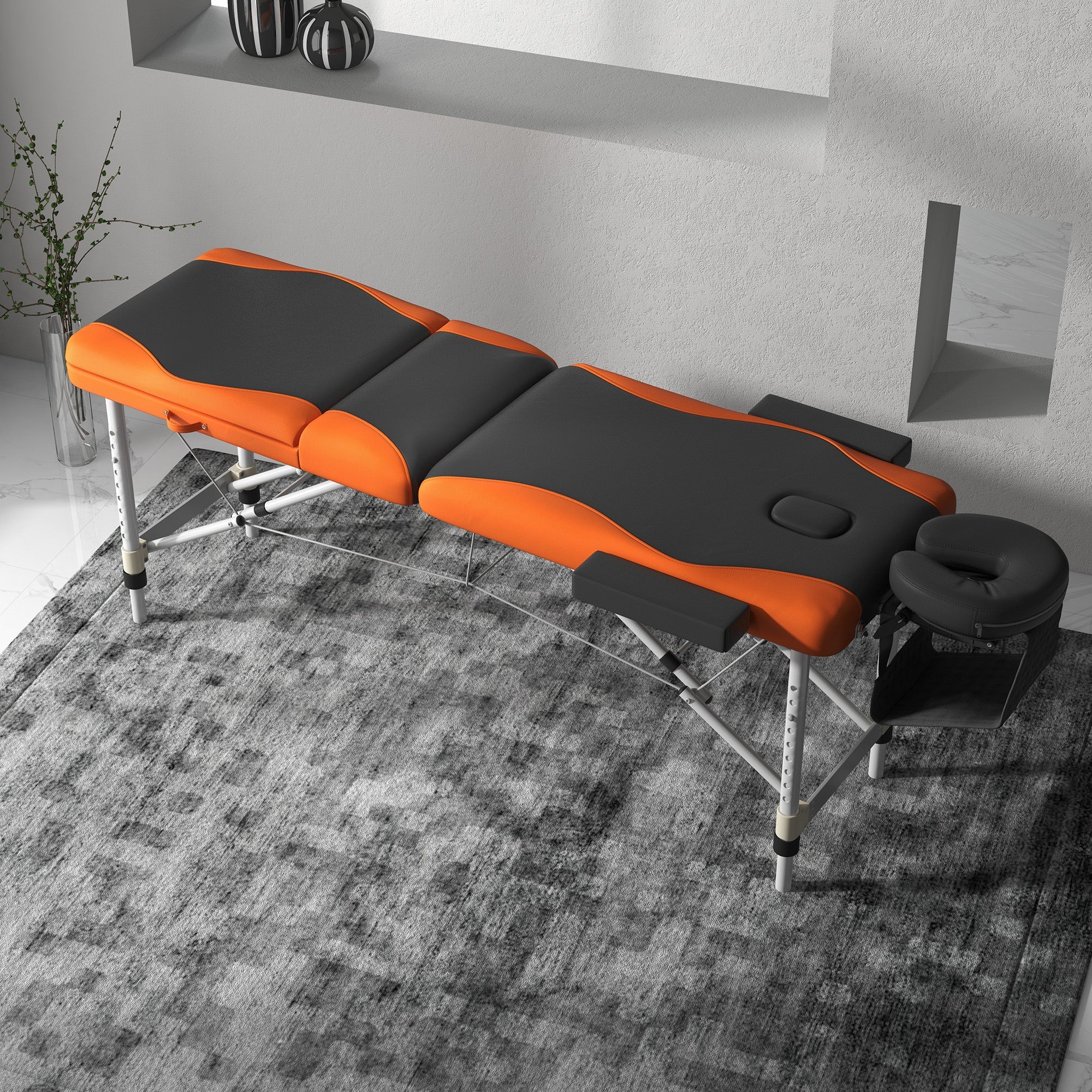 HOMCOM Foldable Massage Bed Portable Table, 3-Section Aluminium Foldable Beauty Couch, Professional Salon Spa Table with Headrest Support and Carry Bag, 60 cm Width, Black and Orange