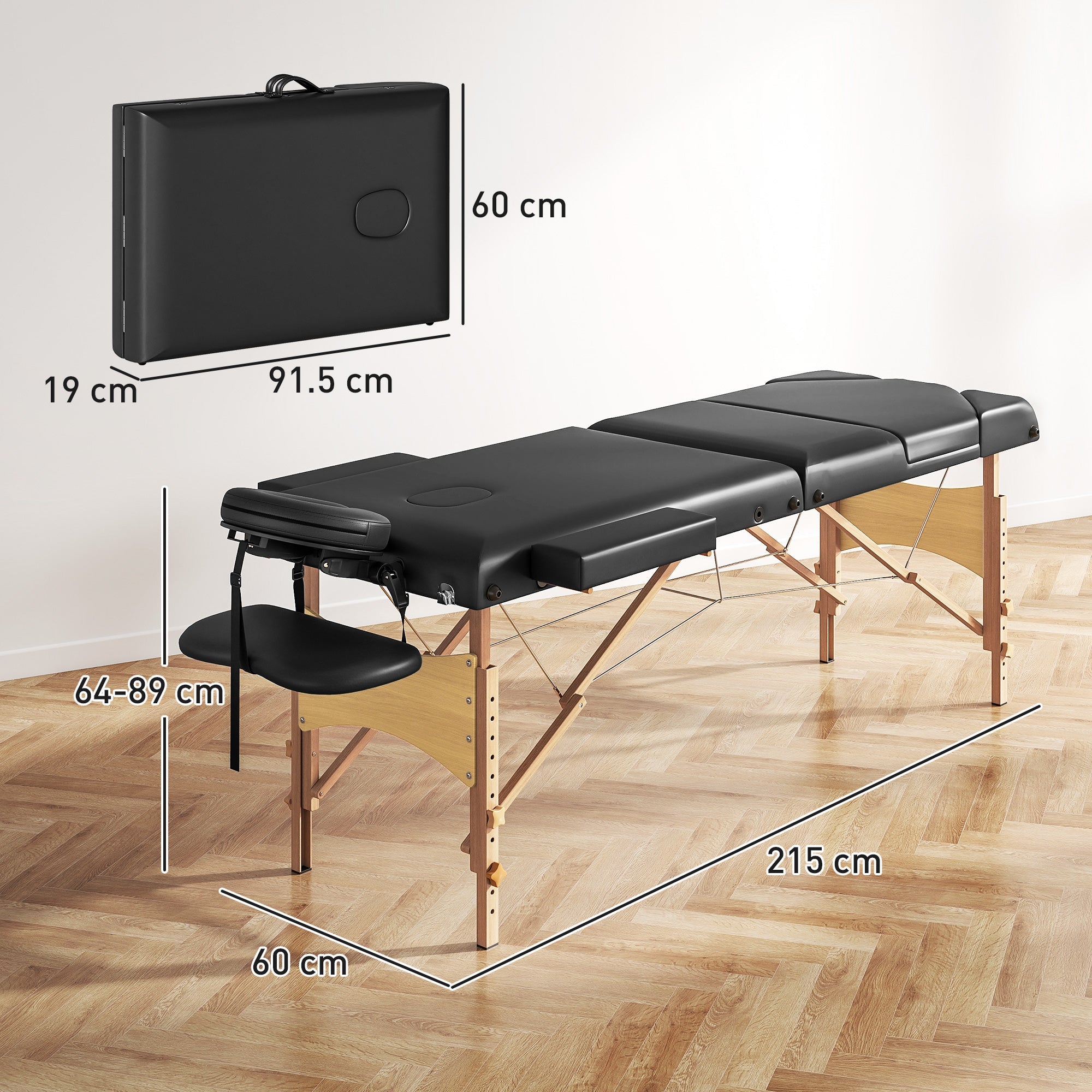 HOMCOM Foldable Massage Table with Beech Wood Legs - Black
