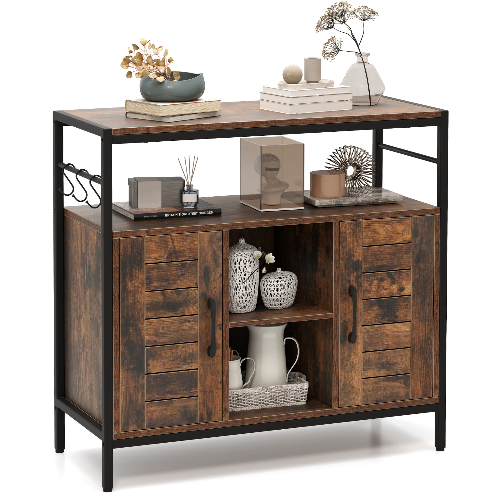 Buffet Coffee Bar Industrial Sideboard Cabinet with 2 Doors Open Compartments for Kitchen-Rustic Brown