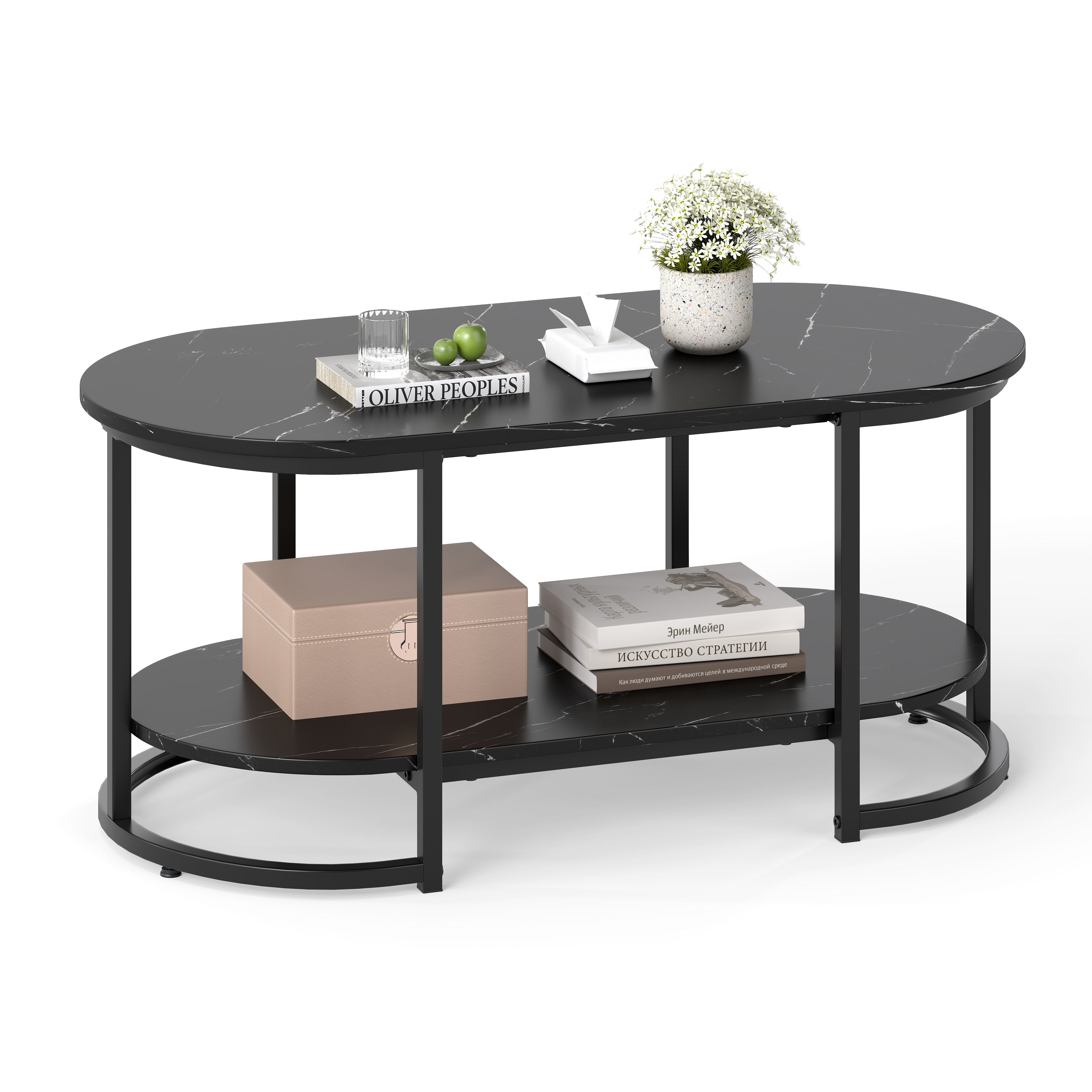 Marble Coffee Table with Open Storage Shelf-Black
