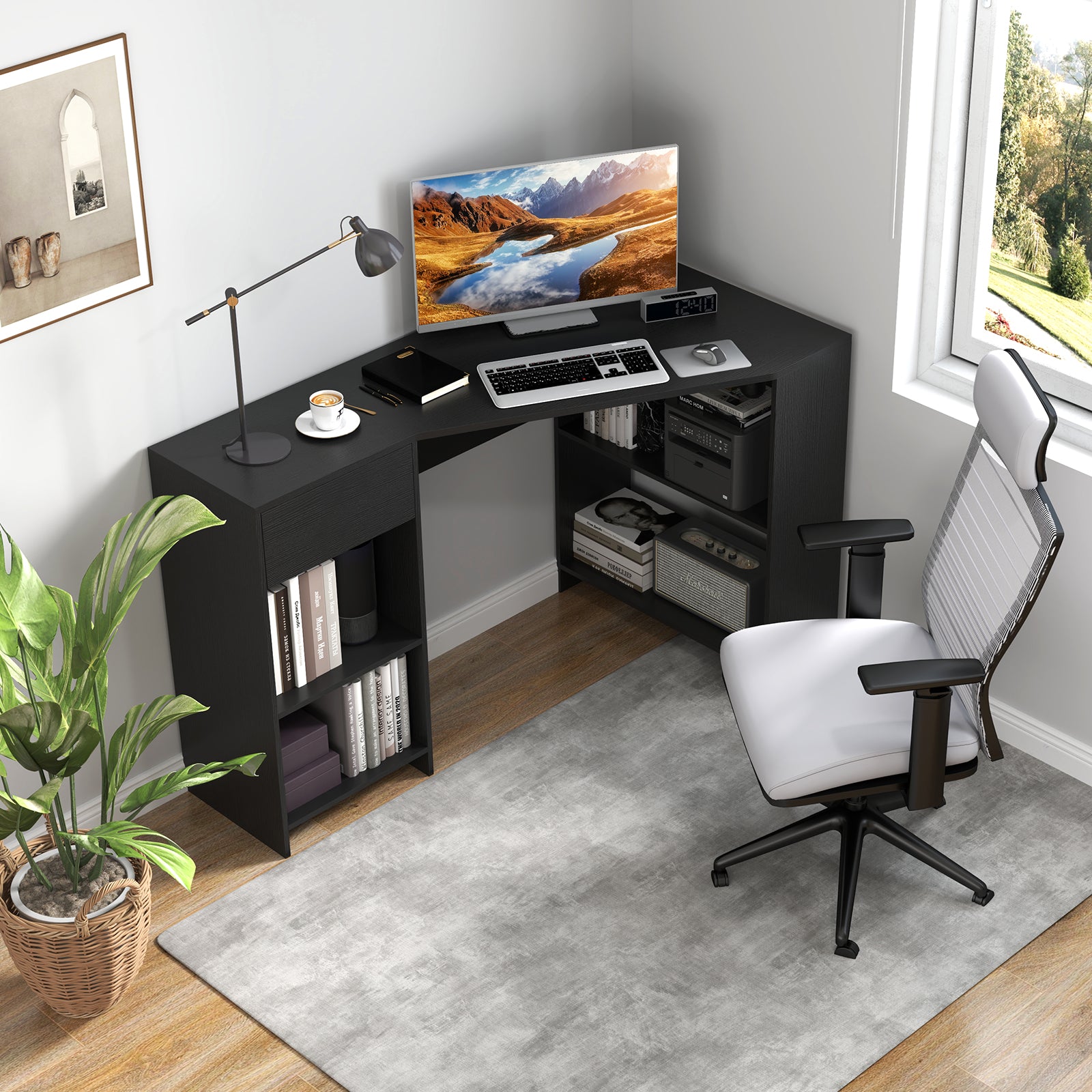 L-Shaped Computer Desk with Storage and Open Shelves for Living Room Bedroom-Black