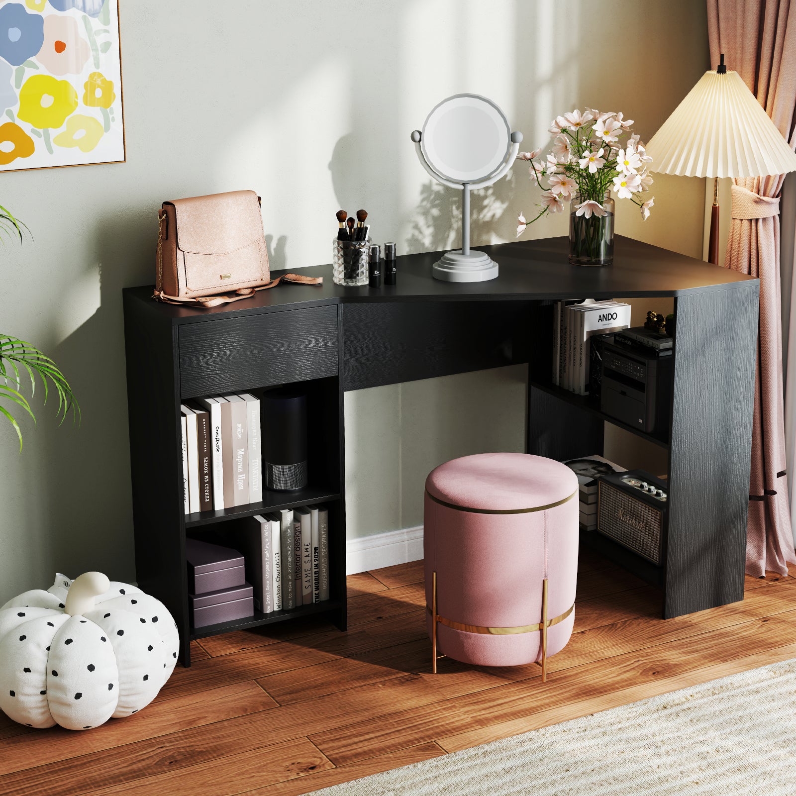 L-Shaped Computer Desk with Storage and Open Shelves for Living Room Bedroom-Black