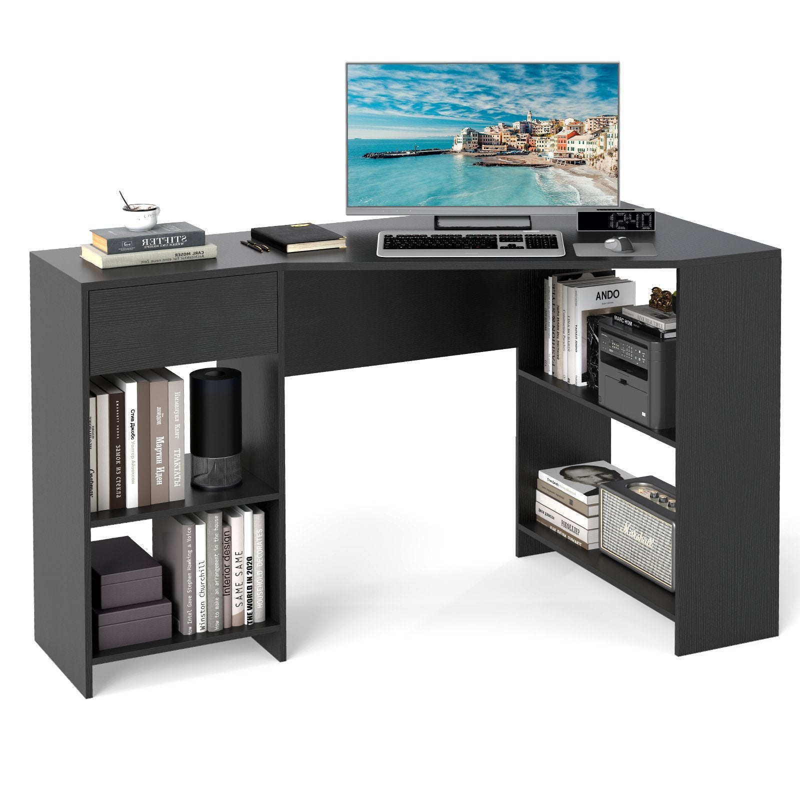 L-Shaped Computer Desk with Storage and Open Shelves for Living Room Bedroom-Black