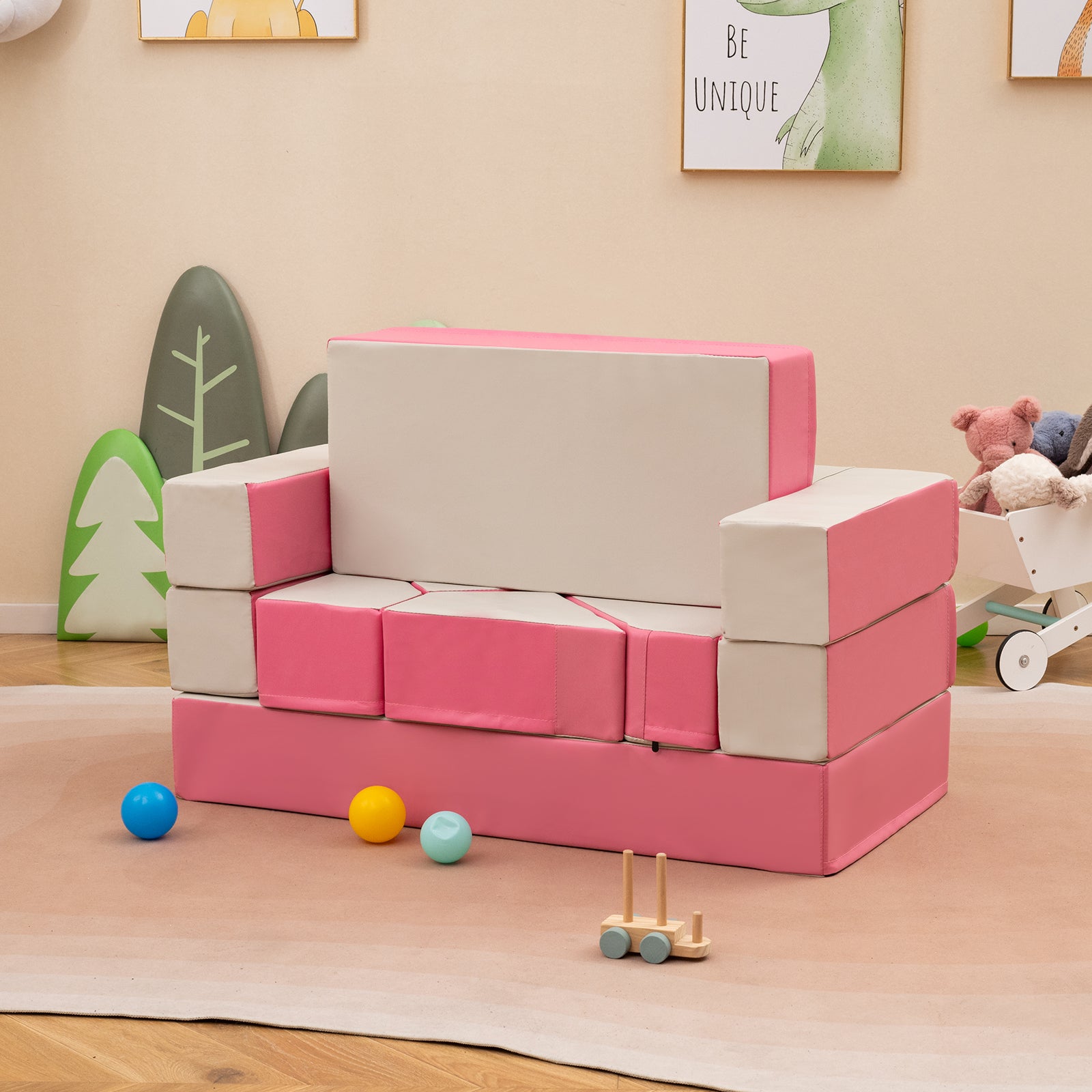 4-in-1 Convertible Foam Couch Play Set with Skin-friendly PU Leather Cover and Zippers-Pink