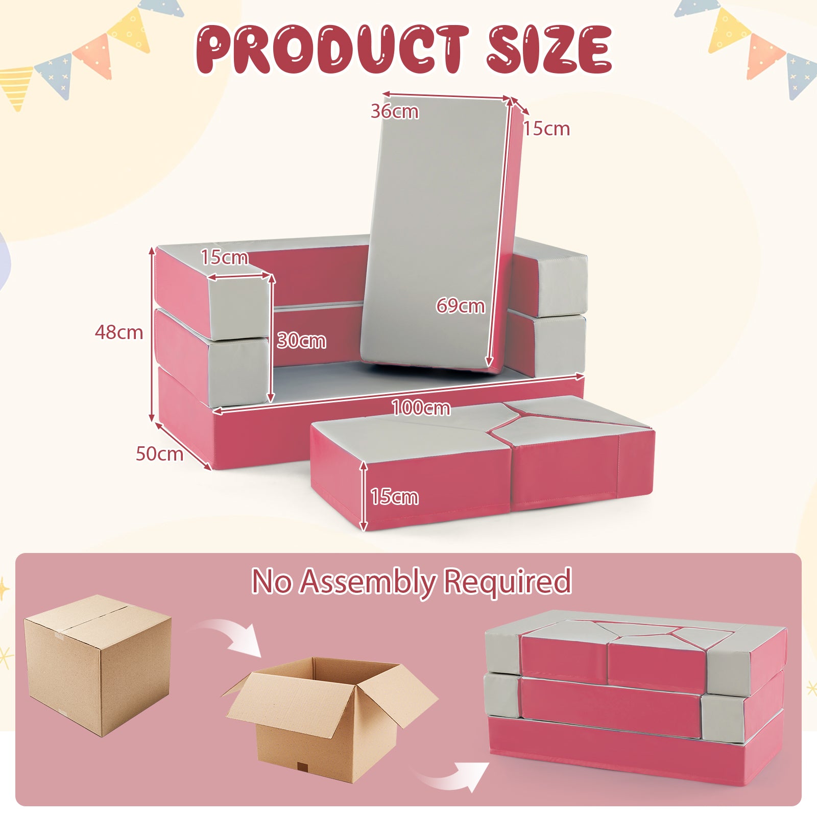 4-in-1 Convertible Foam Couch Play Set with Skin-friendly PU Leather Cover and Zippers-Pink