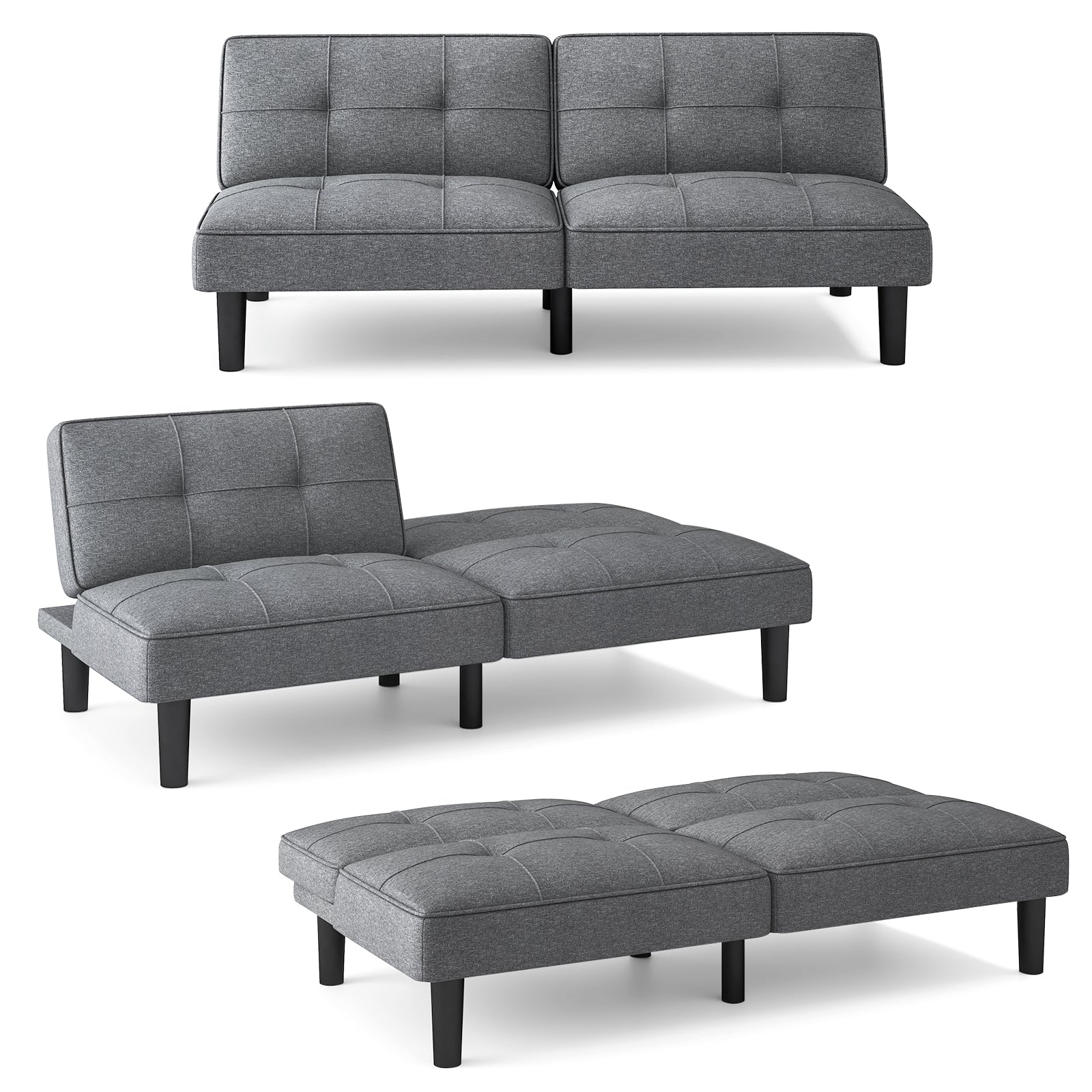 Convertible Folding Futon Sofa Bed with 6-Position Adjustable Backrest and Thick Cushion-Grey