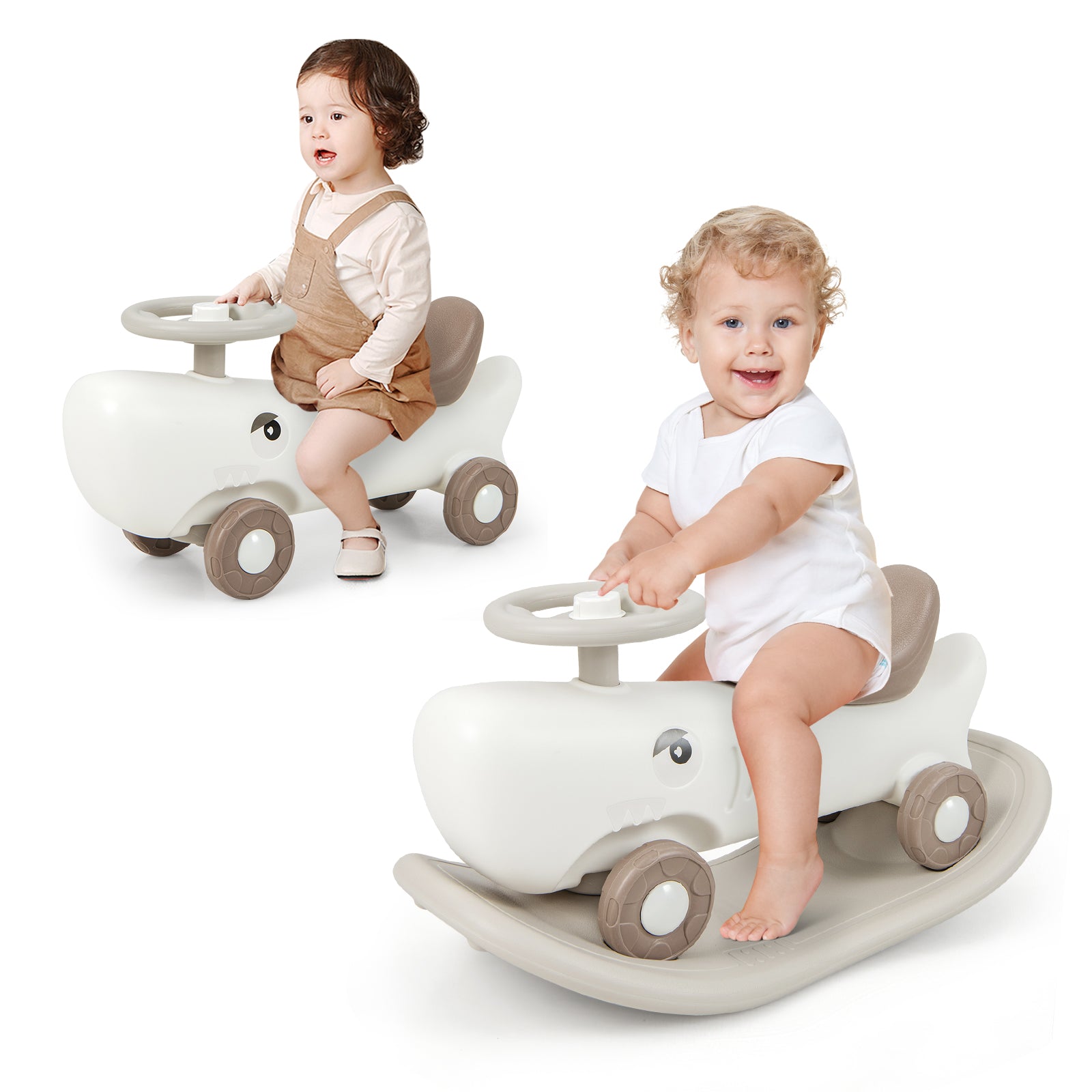 Kids 3-in-1 Convertible Rocking Horse and Sliding Car for Indoor Outdoor Use-White