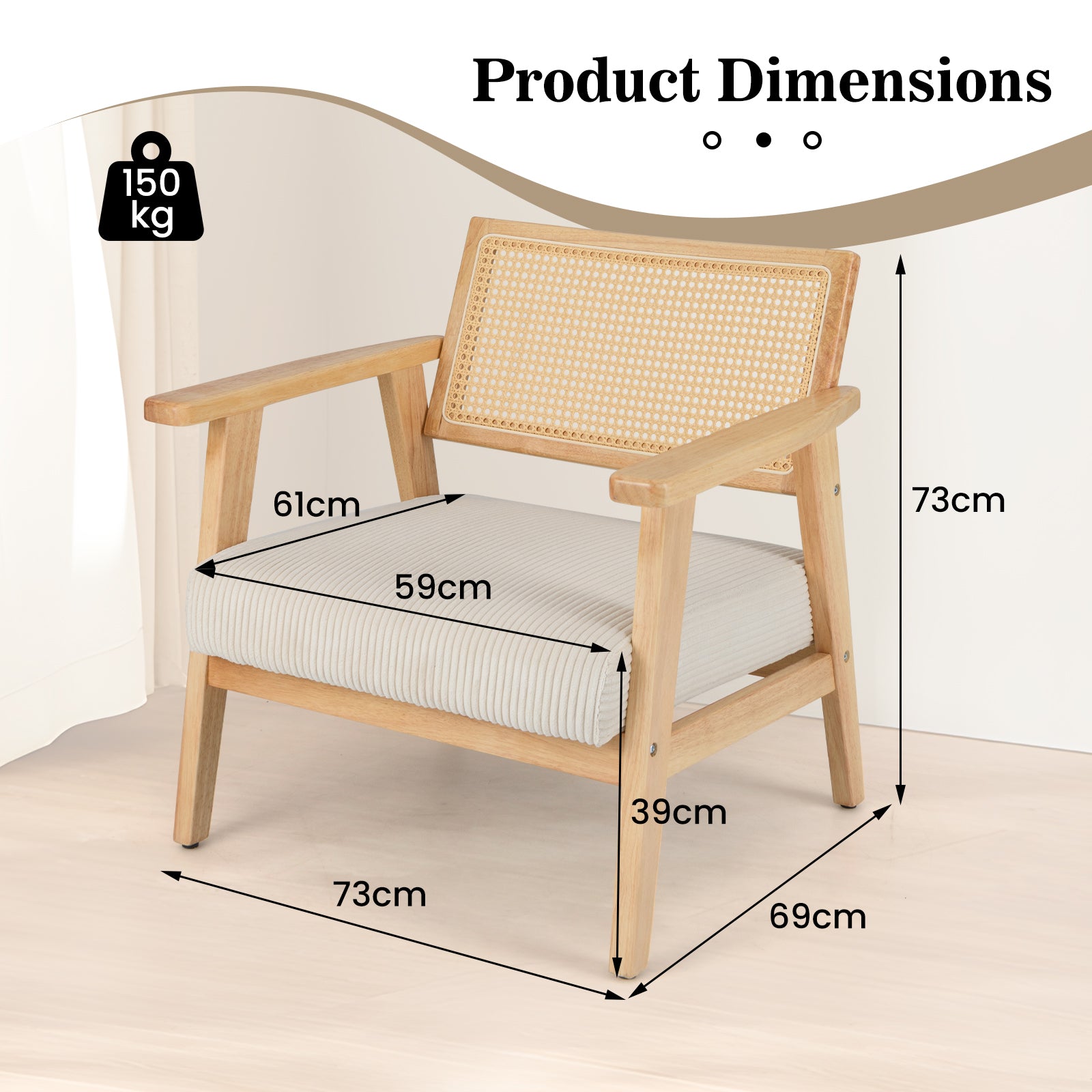 Corduroy Accent Chair with Upholstered Seat and Rattan Back-Natural