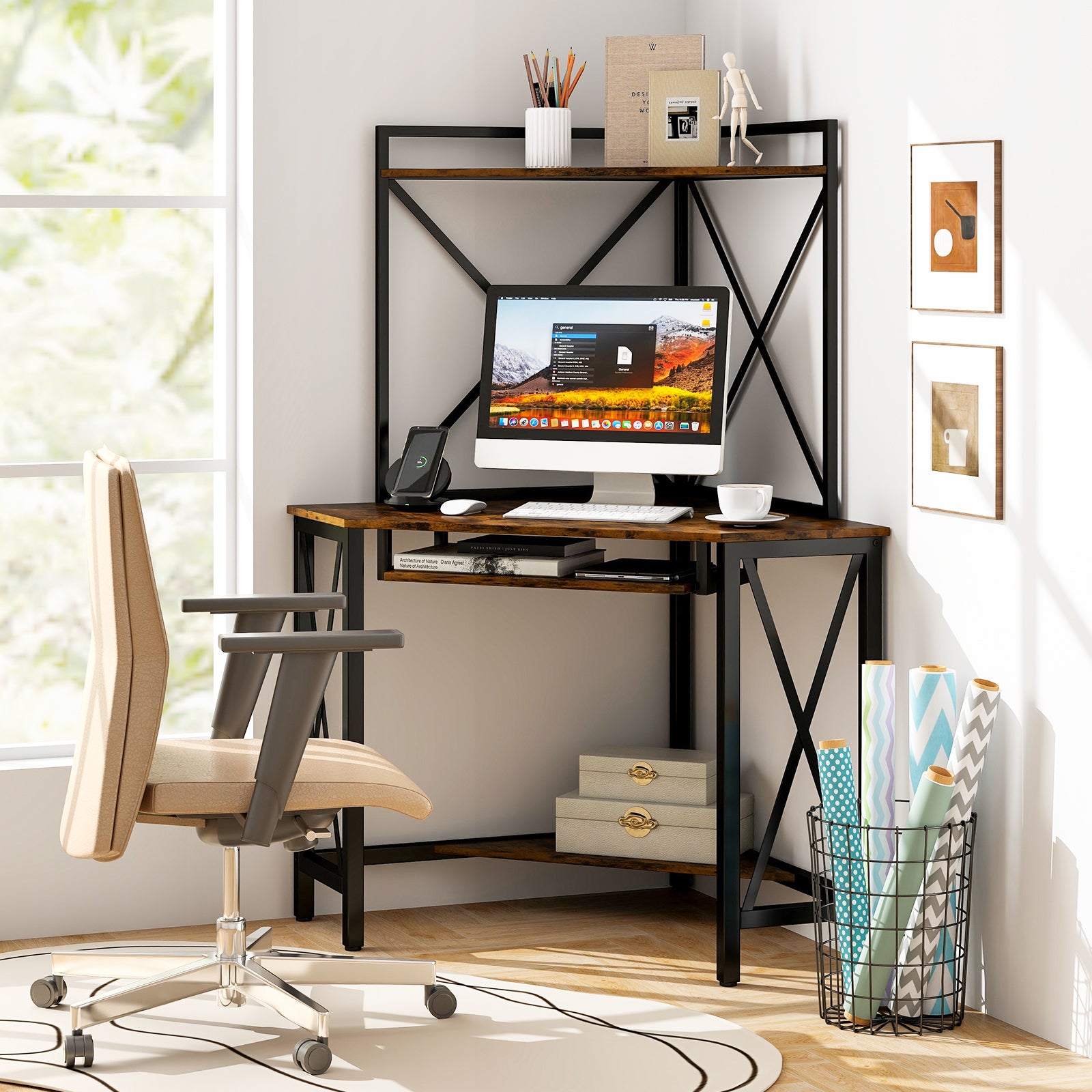 Corner Computer Desk with Hutch Storage Shelves and Keyboard Tray-Rustic Brown