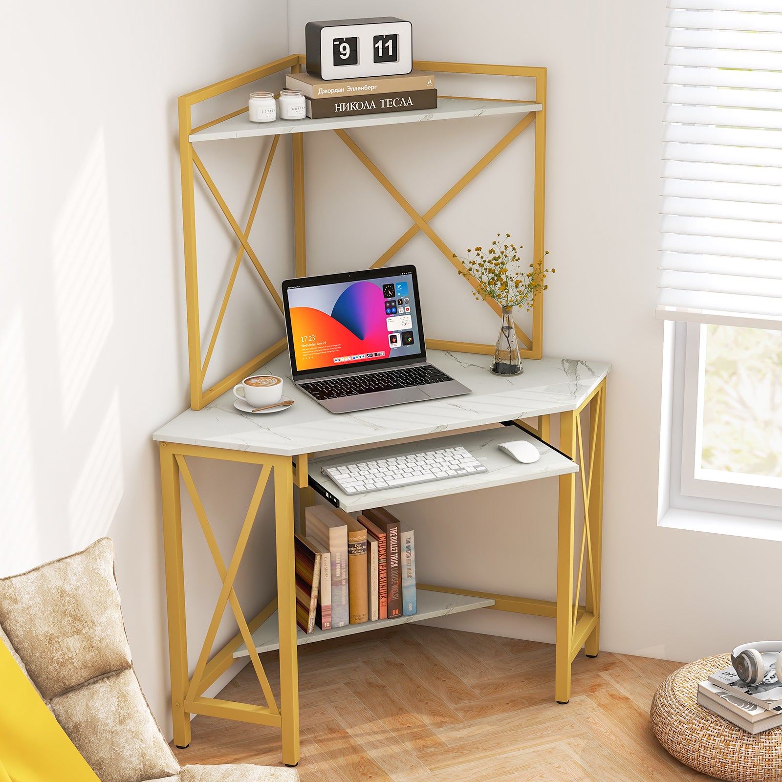Corner Computer Desk with Hutch Storage Shelves and Keyboard Tray-White