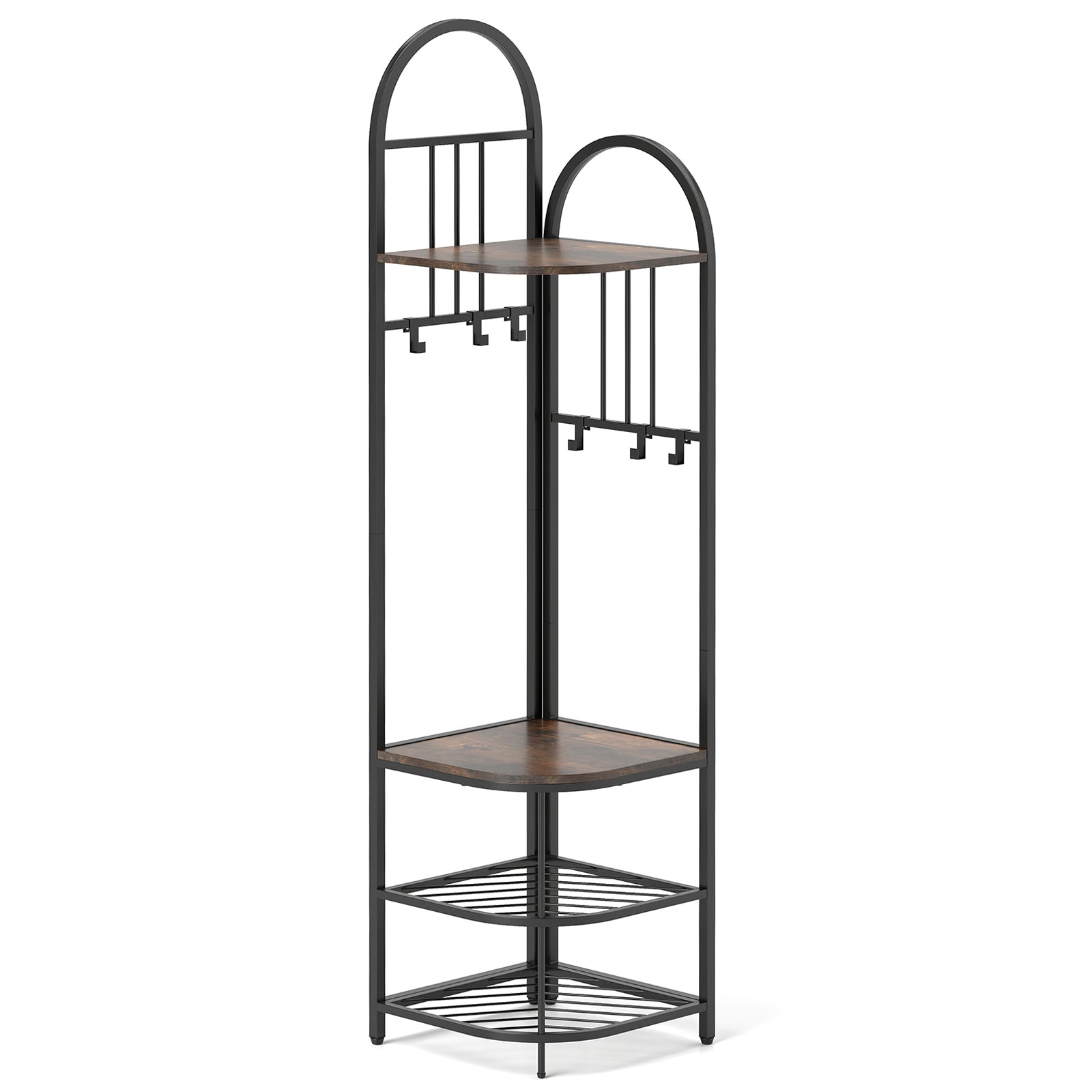 Corner Hall Tree 4-Tier Coat Rack with Storage Bench and Hooks-Rustic Brown