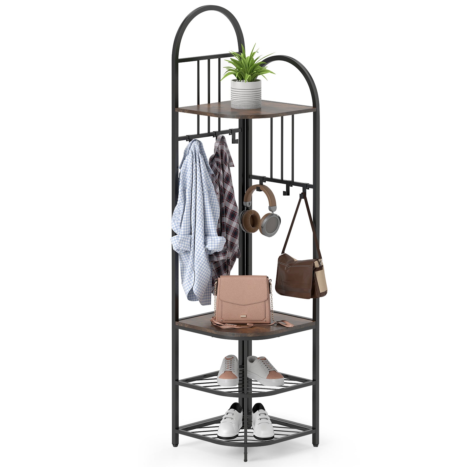 Corner Hall Tree 4-Tier Coat Rack with Storage Bench and Hooks-Rustic Brown