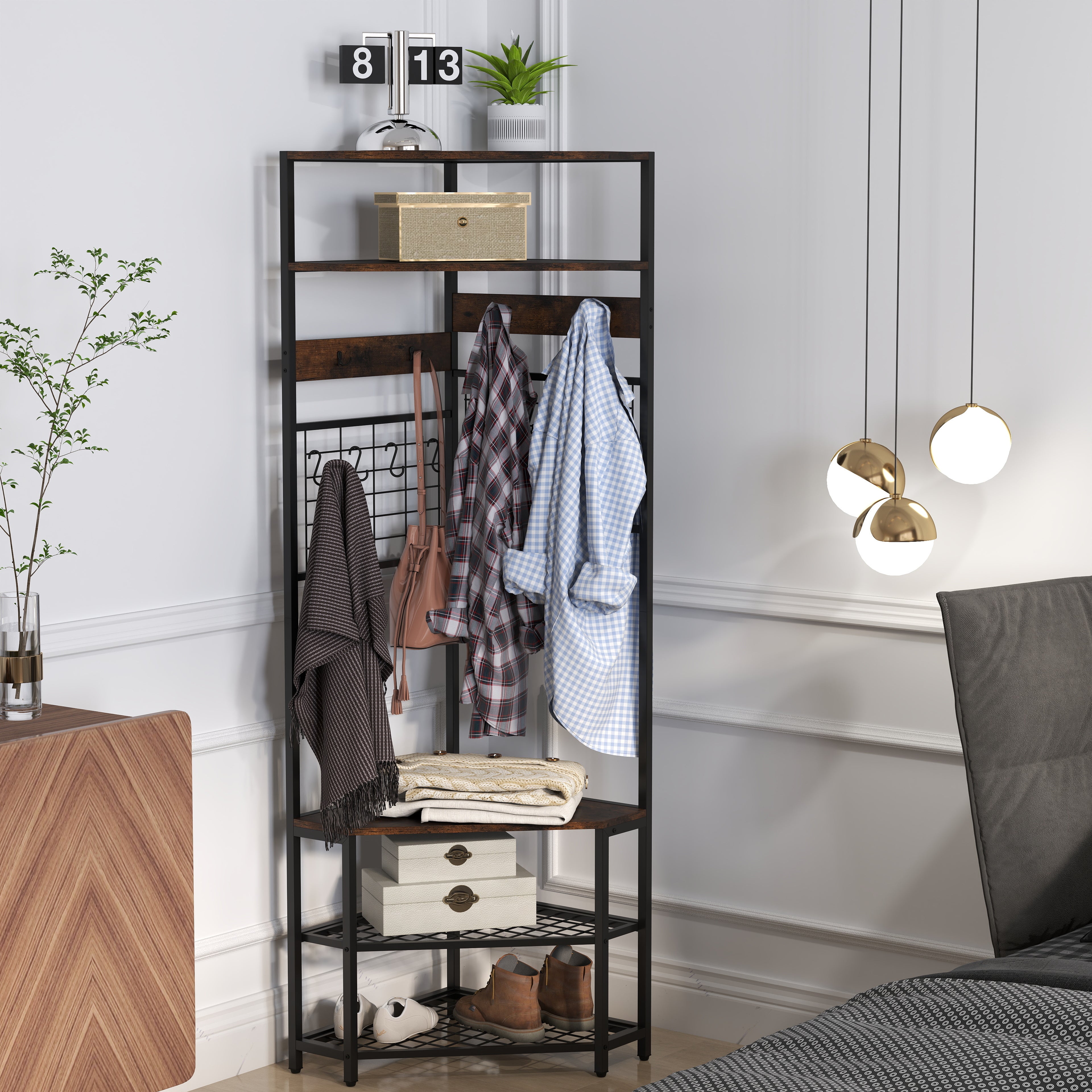 Corner Hall Tree 5-Tier Coat Rack with Shoe Storage Bench-Rustic Brown