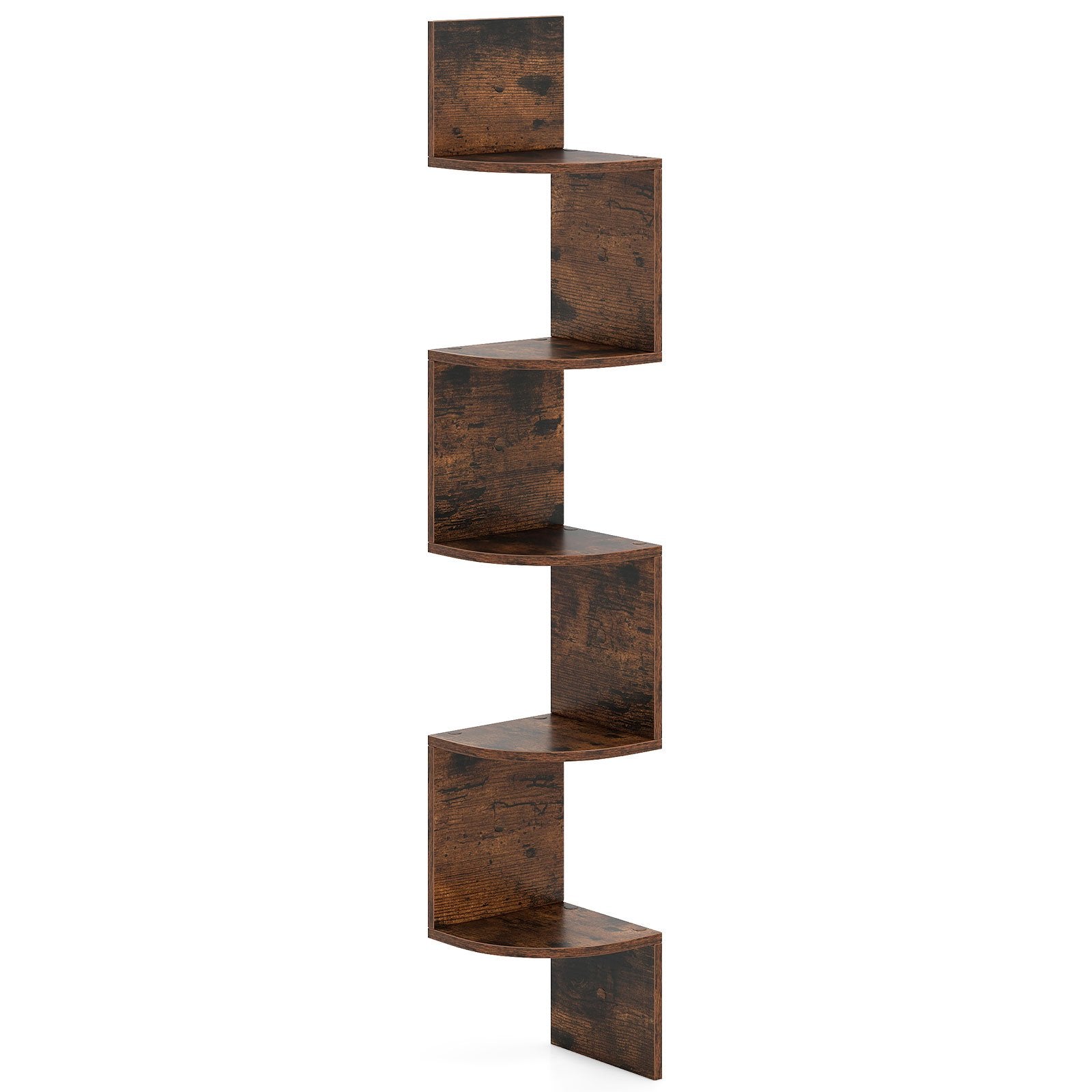 5-Tier Corner Shelf Wall Mount Floating Corner Bookshelf Corner Ladder Shelf-Rustic Brown