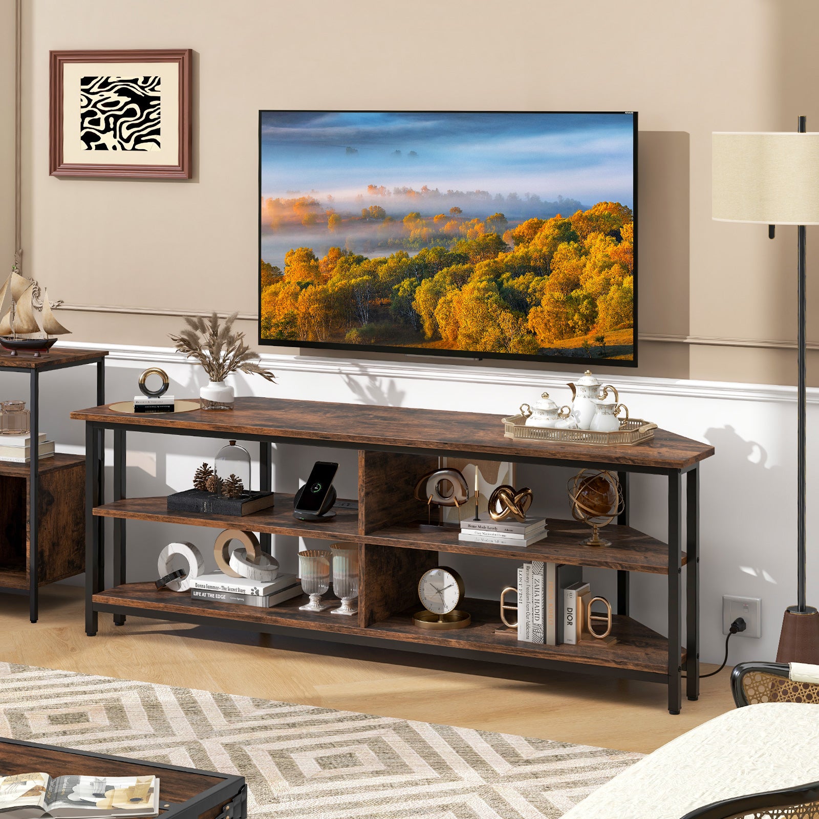 Corner TV Stand with AC Outlets and Storage Shelves-Brown