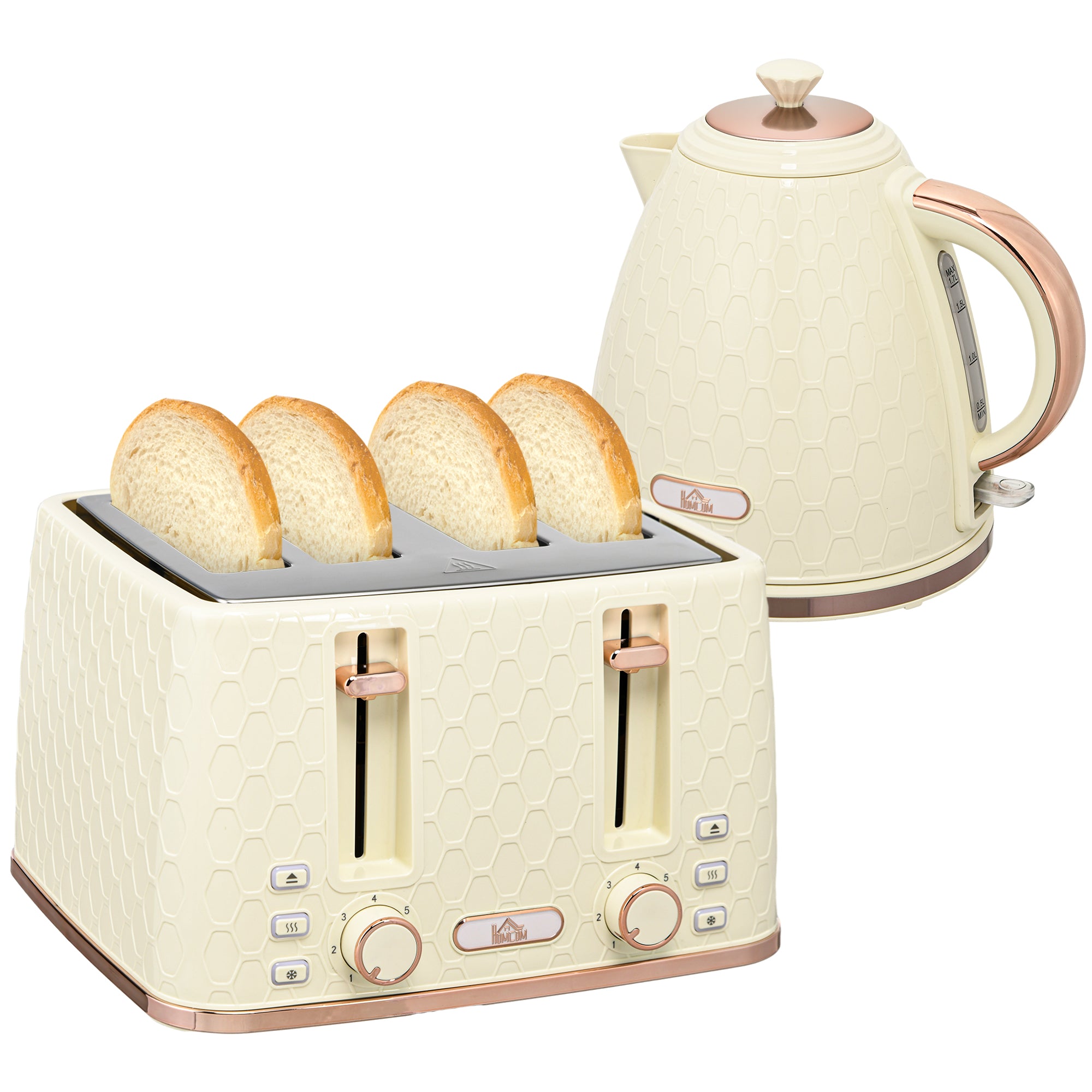 HOMCOM Kettle and Toaster Set, 1.7L 3000W Fast Boil Jug Kettle, 4 Slice Toaster with 7 Level Browning Controls, Beige