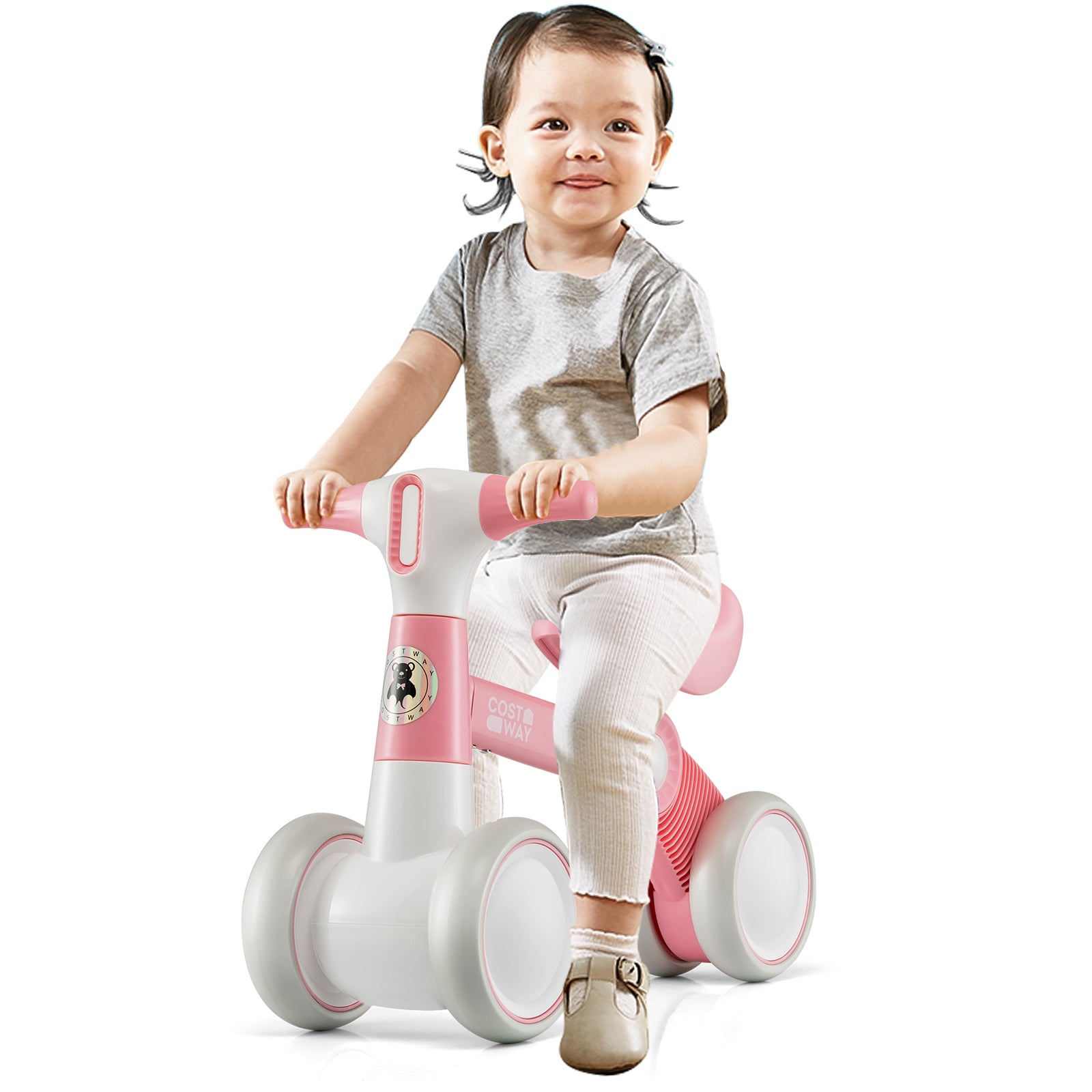 Cute Baby Balance Bike 4 Wheels with Steering Handlebars No Pedal-Pink
