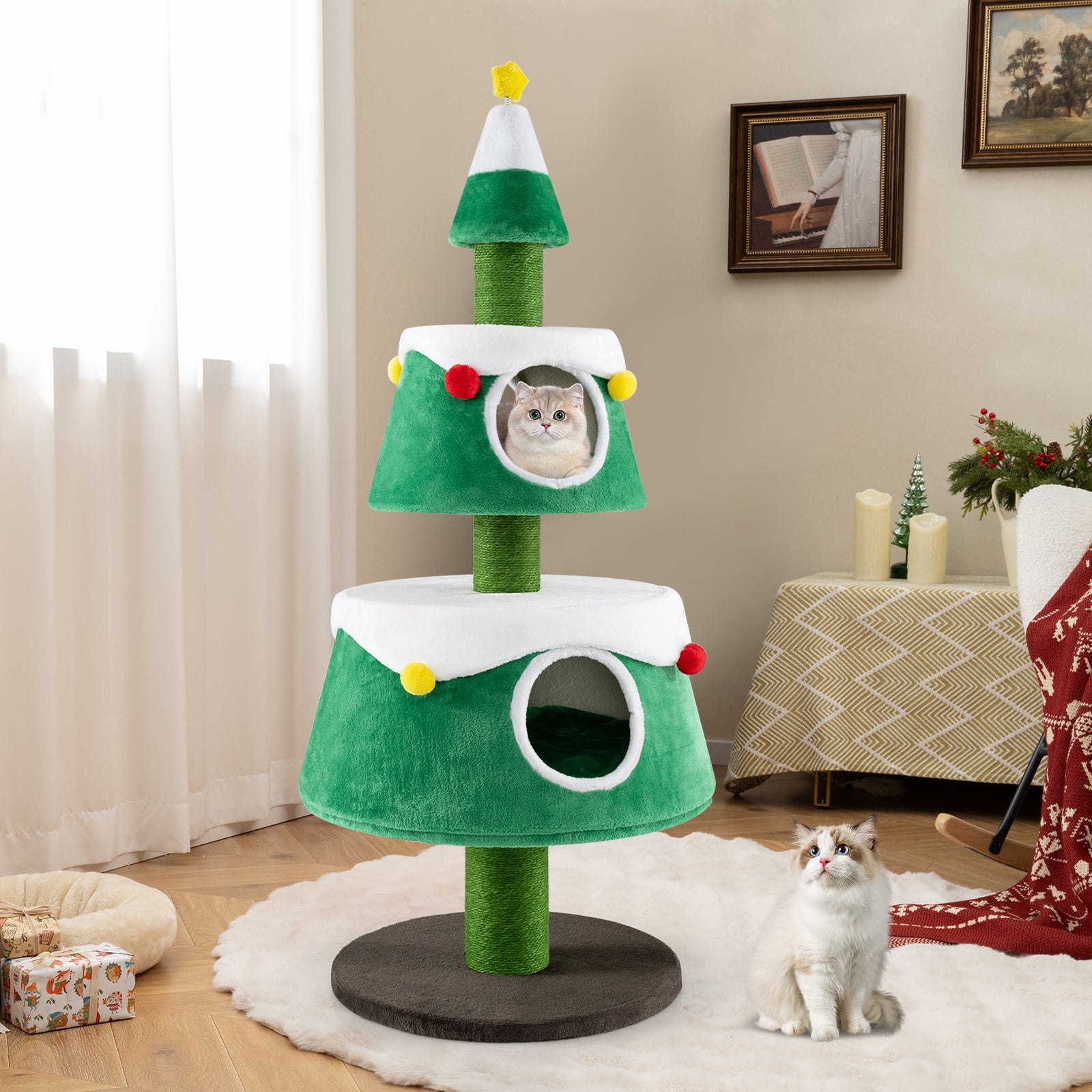 Cute Cat Tower Christmas Cat Tree for Indoor Cats with 2 Condos-Green