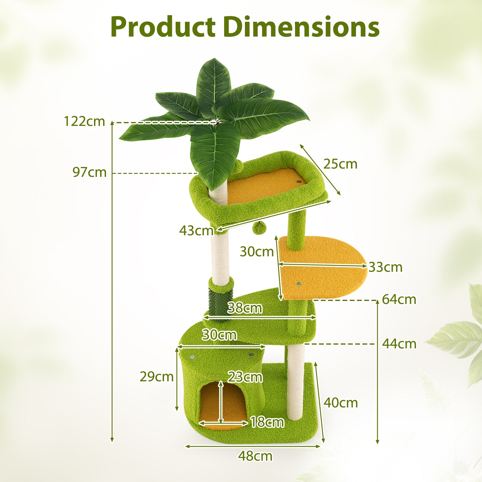 Cute Cat Tree for Adult Cats Multi-level Kitty Tower with Artificial Leaves-Green