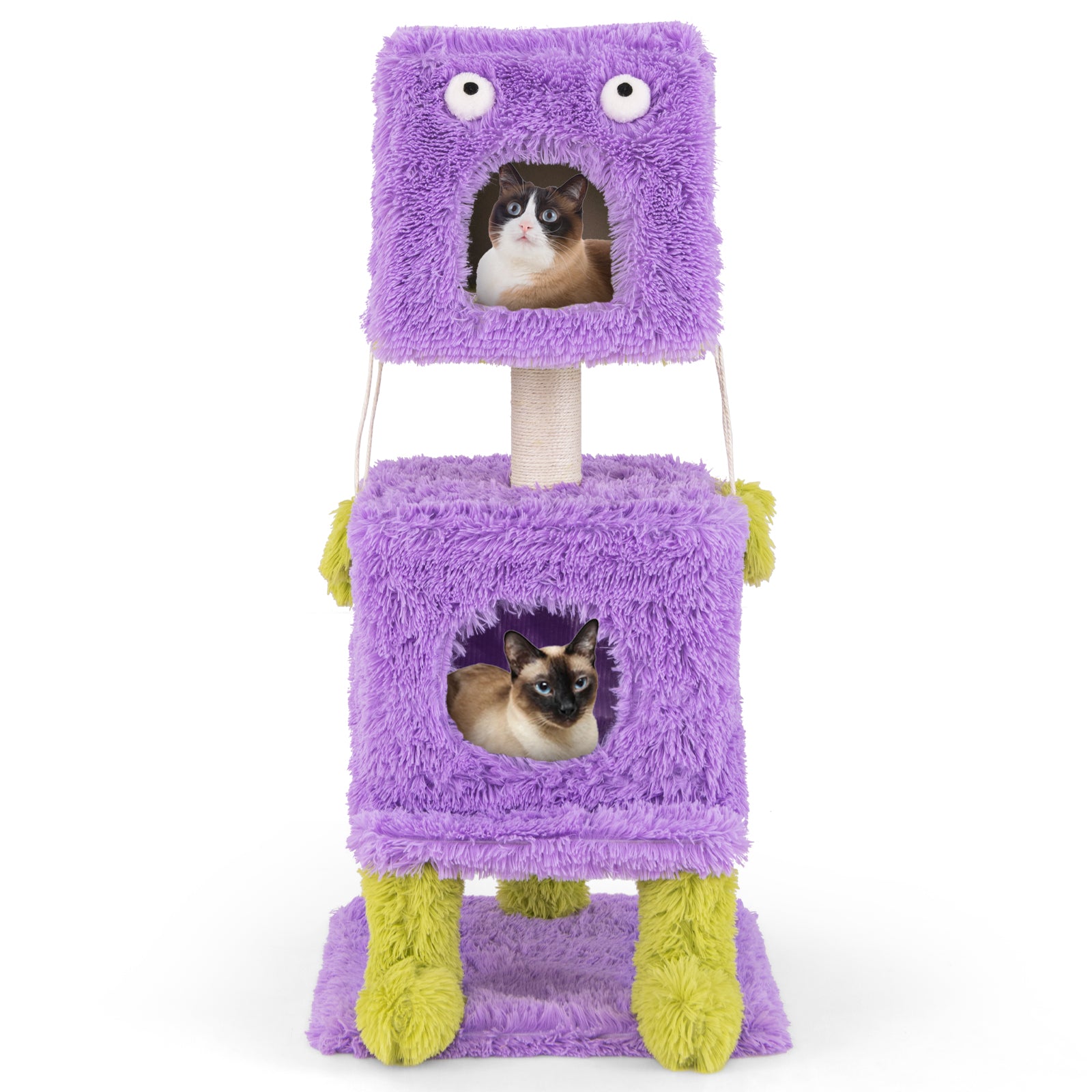 Cute Monster-Themed Cat Tower with 2 Private Condos and Soft Long Plush-Purple