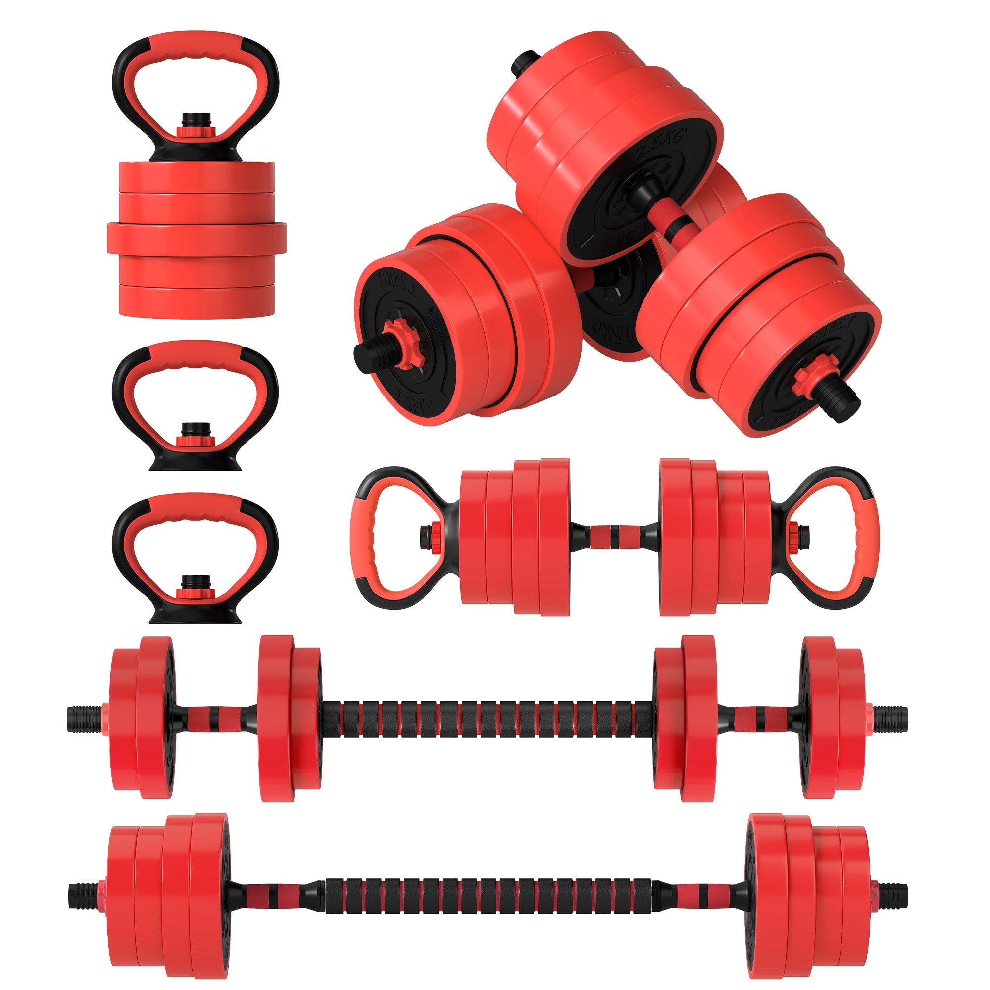 SPORTNOW 30kg Four-In-One Adjustable Weight Dumbbells Set, Barbell, Kettlebell, Push Up Stand - Red